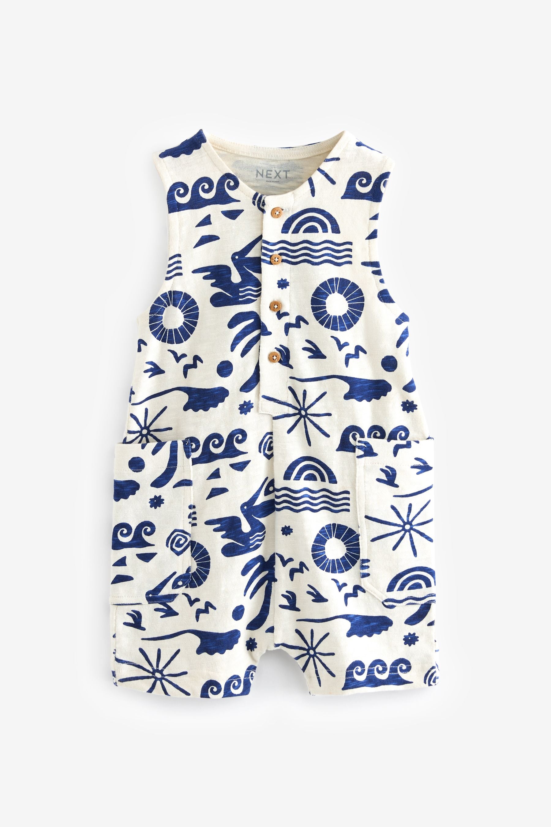 Cobalt Blue/Ecru All-Over Print 100% Cotton All-In-One (3mths-7yrs)