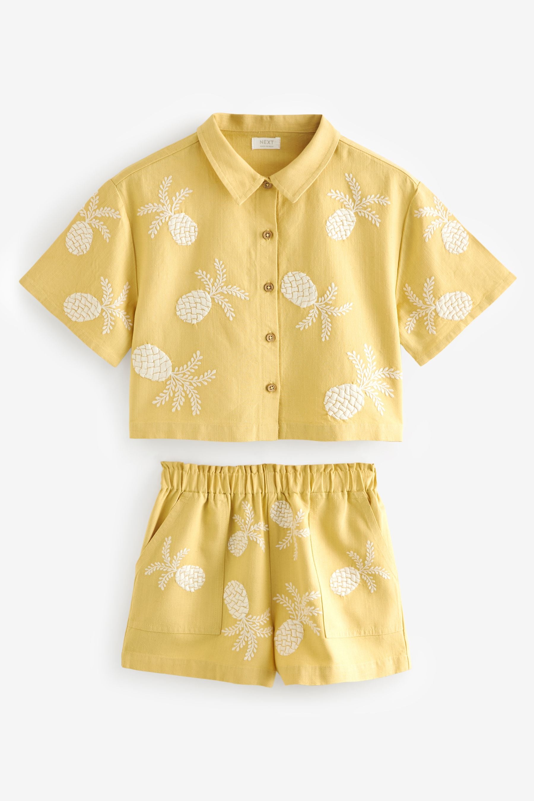 Ochre/Cream Embroidered Co-ord Shirt & Shorts With Linen Set (3-16yrs)