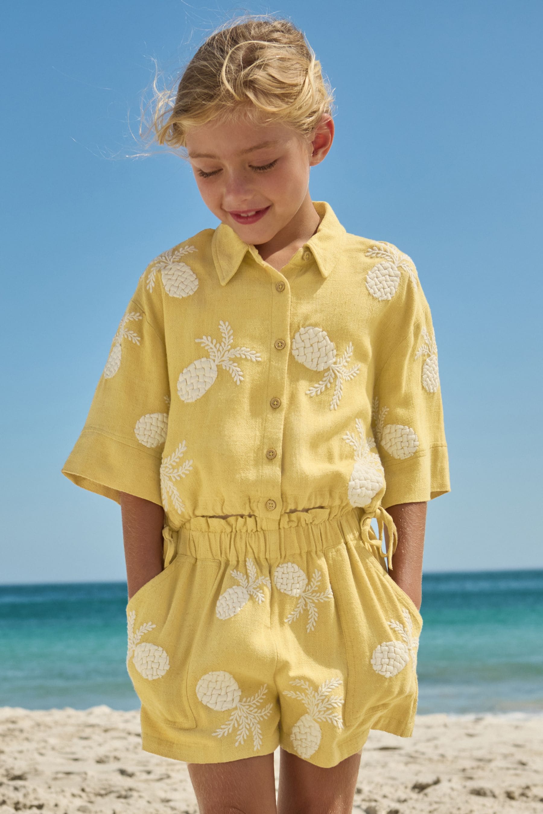 Ochre/Cream Embroidered Co-ord Shirt & Shorts With Linen Set (3-16yrs)