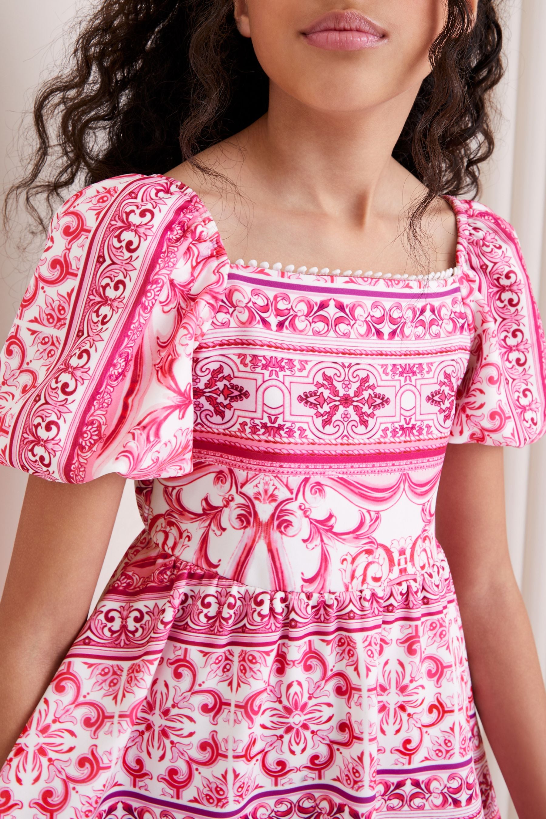 Pink Floral Square Neck Scuba Dress (5-16yrs)