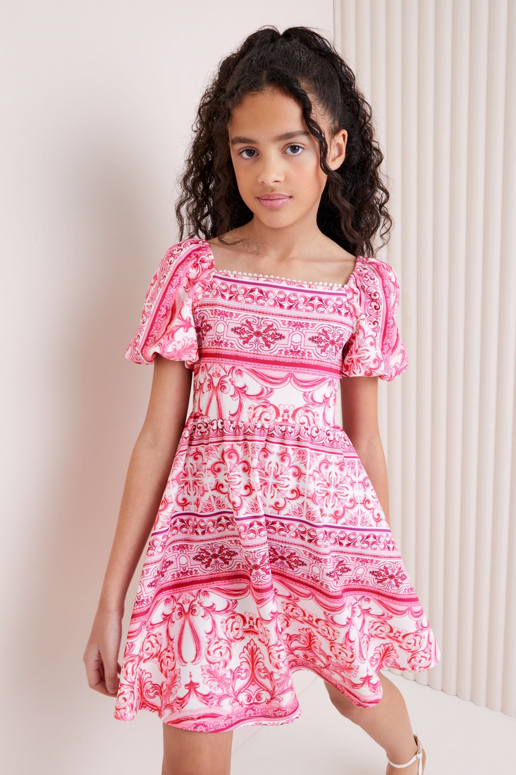 Pink Floral Lipsy Square Neck Scuba Dress (5-16yrs)