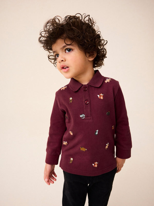 Burgundy Red Long Sleeve Quarter Zip 100% Cotton All-Over Embroidered Polo Shirt (3mths-7yrs)