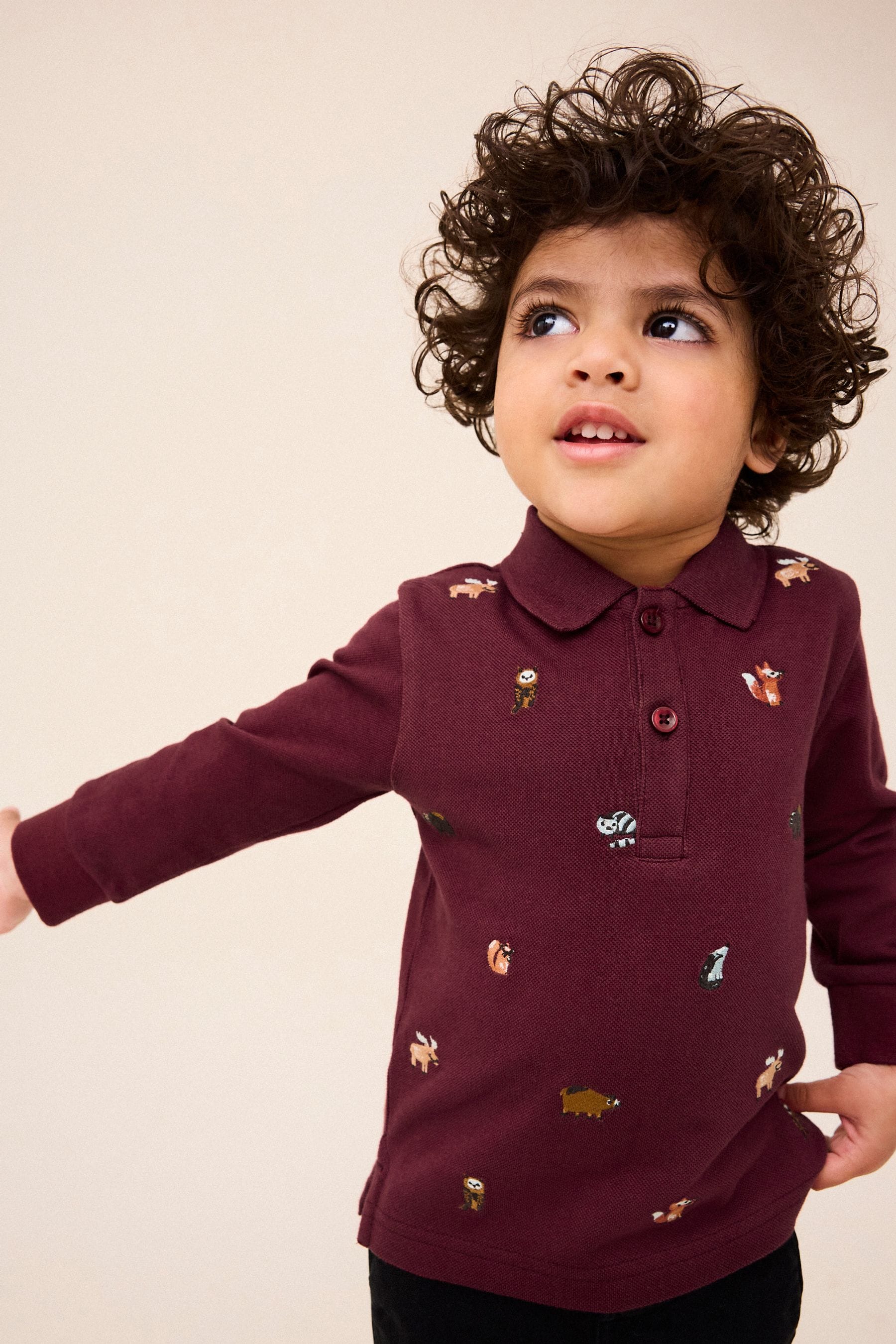 Burgundy Red Long Sleeve 100% Cotton All-Over Embroidered Polo Shirt (3mths-7yrs)