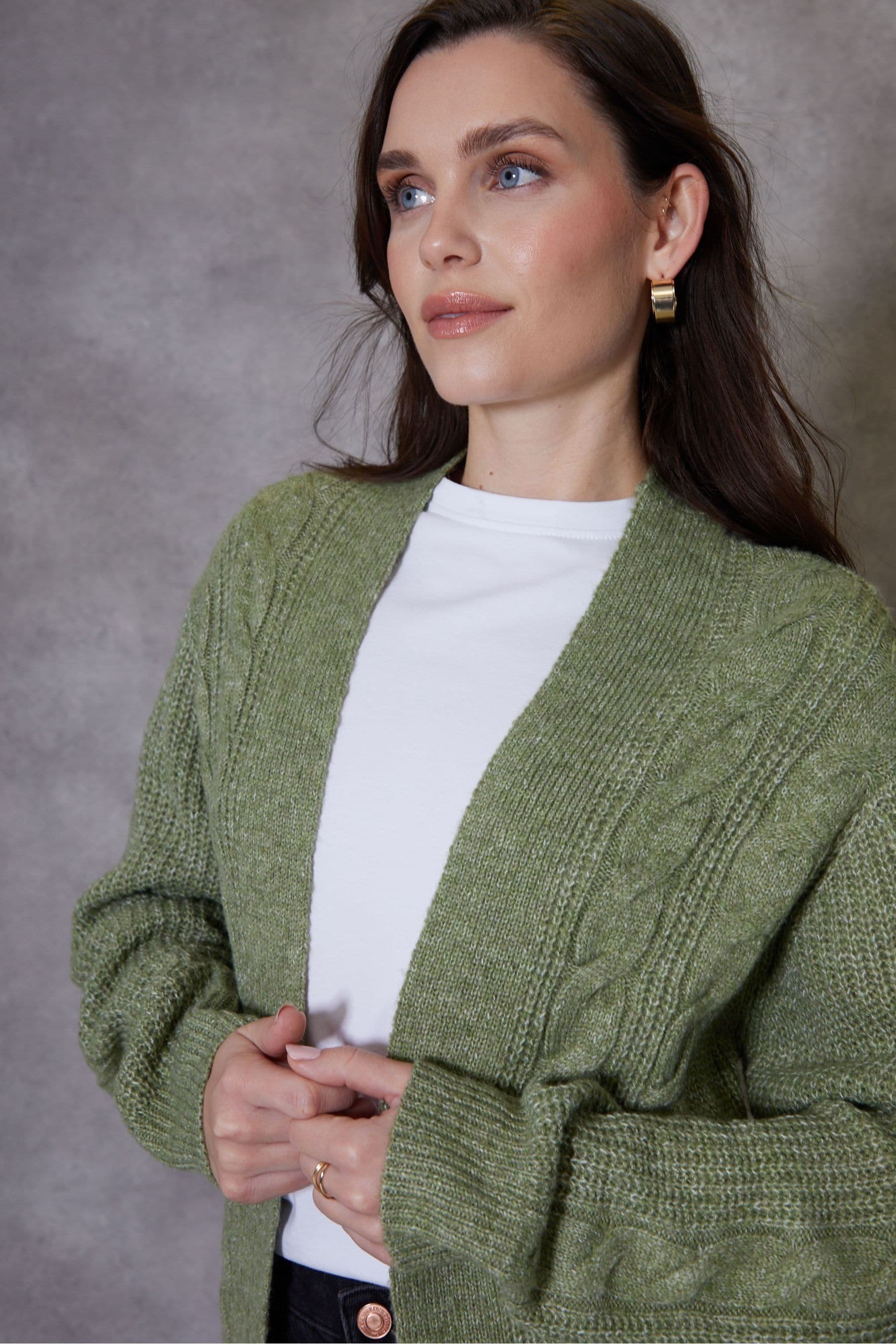 Threadbare Green Ladies Rozanna Cable Detail Cardigan