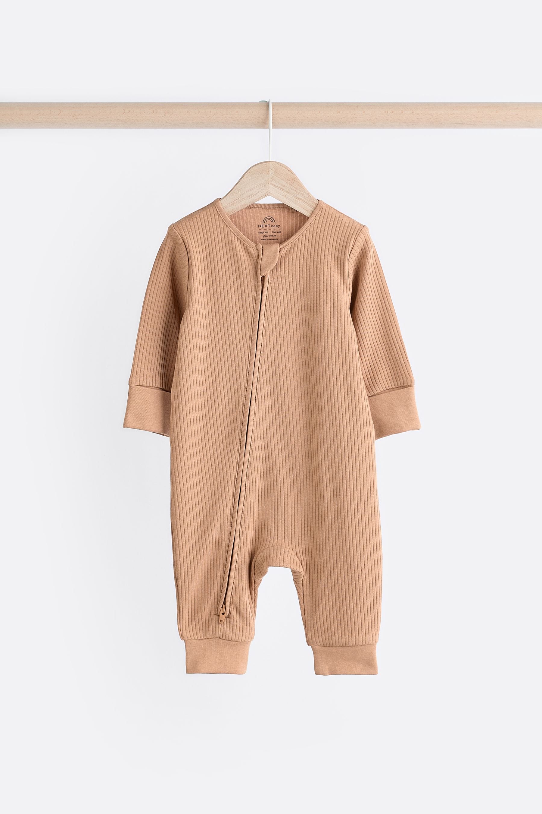 Neutral Tan Brown Cotton Baby Zip Sleepsuits 3 Pack (0-3yrs)