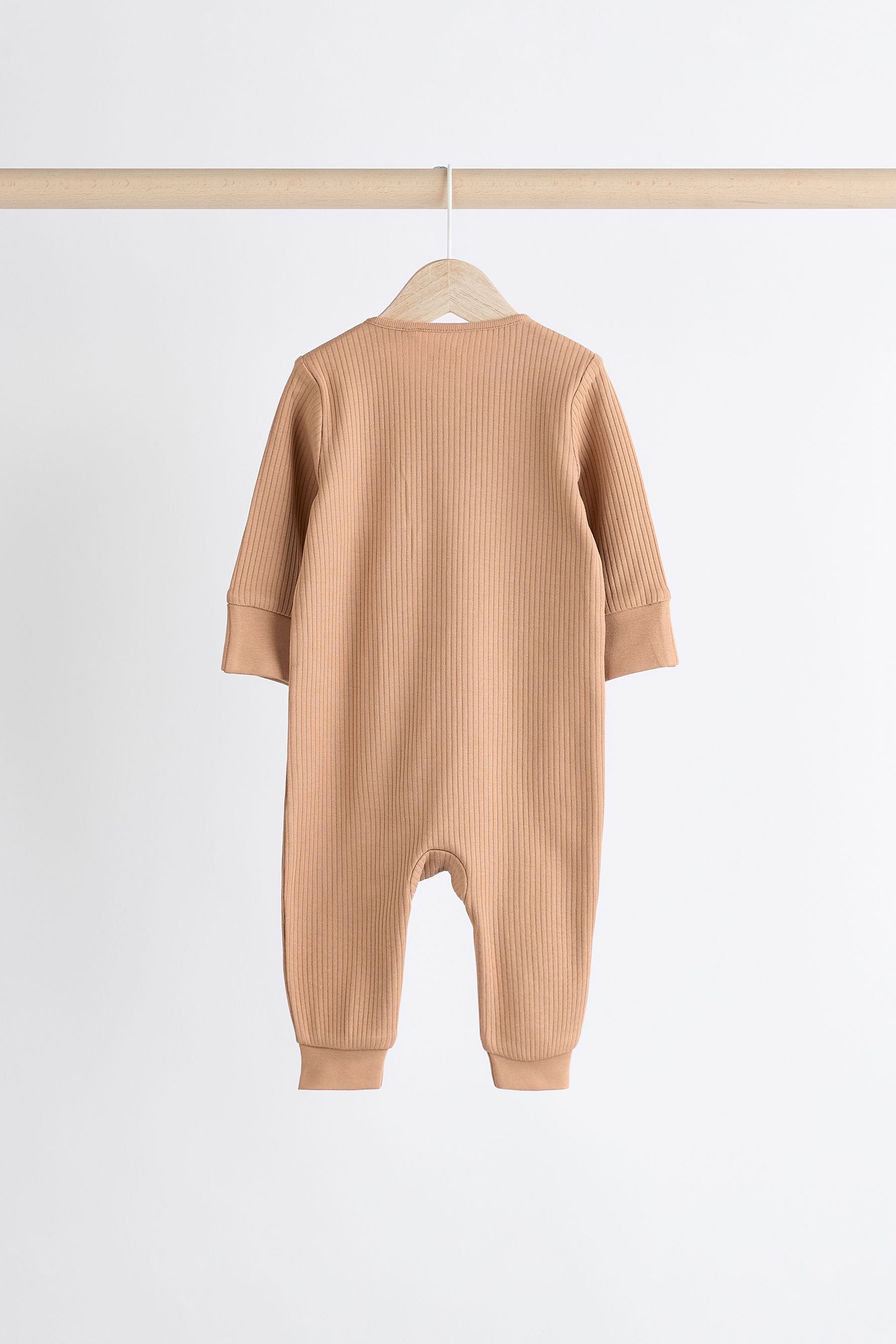 Neutral Tan Brown Cotton Baby Zip Sleepsuits 3 Pack (0-3yrs)