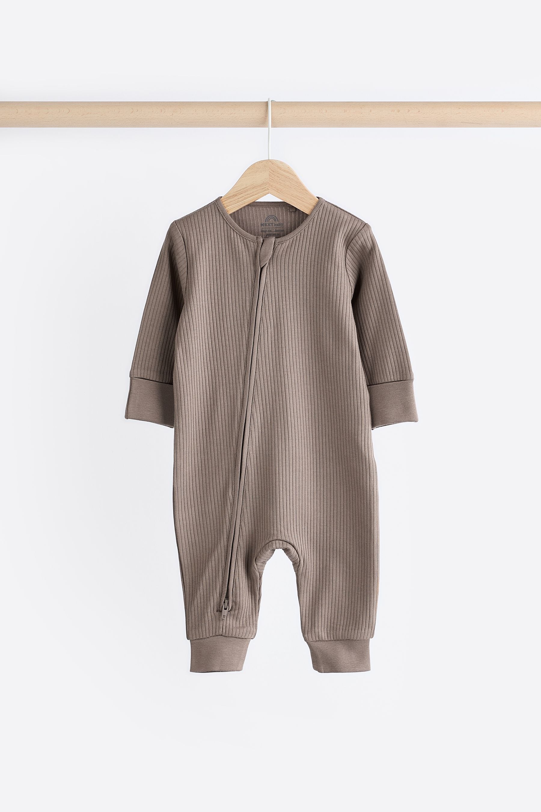 Neutral Tan Brown Cotton Baby Zip Sleepsuits 3 Pack (0-3yrs)