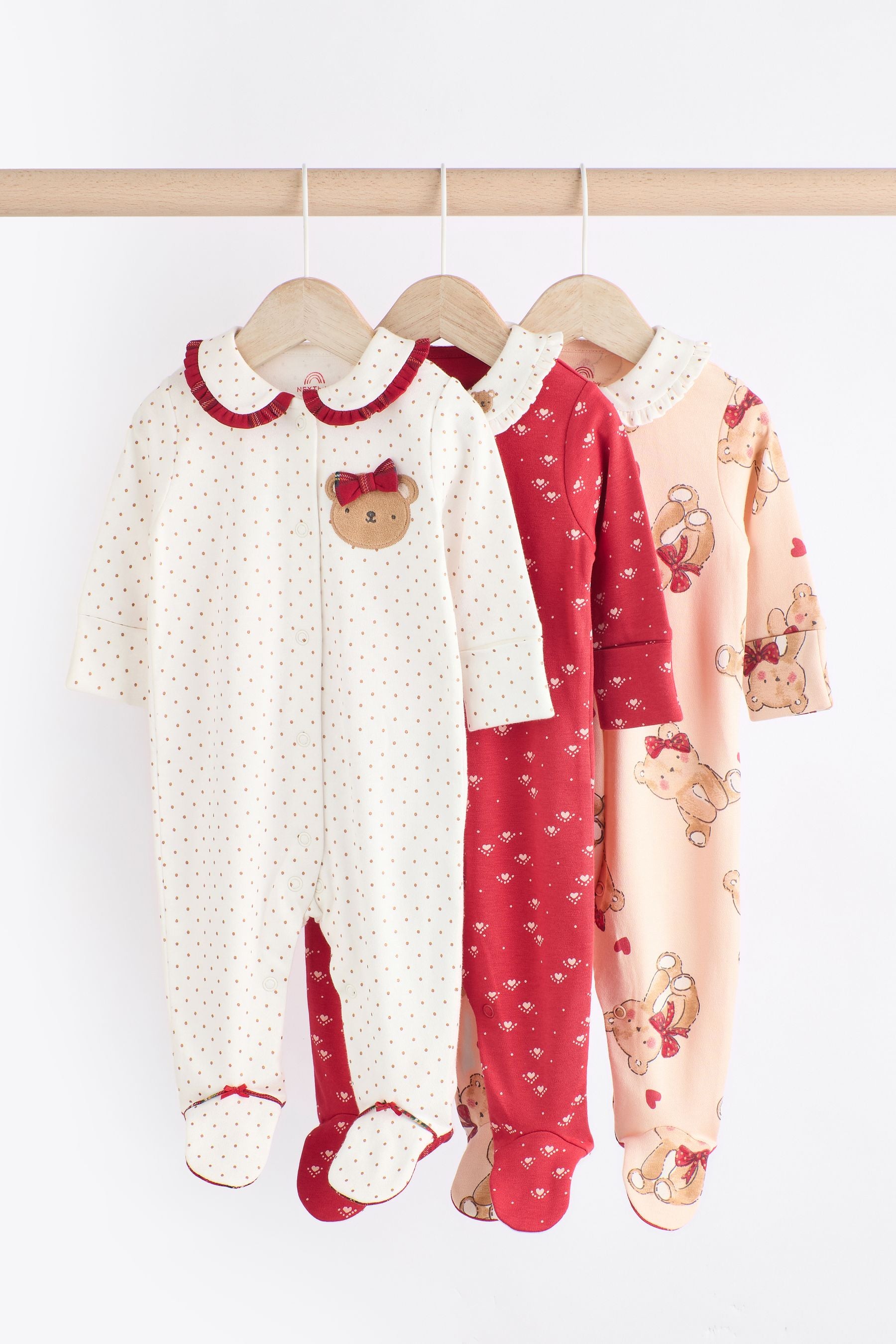 Red/Cream 100% Cotton Baby Sleepsuits 3 Pack (0-2yrs)