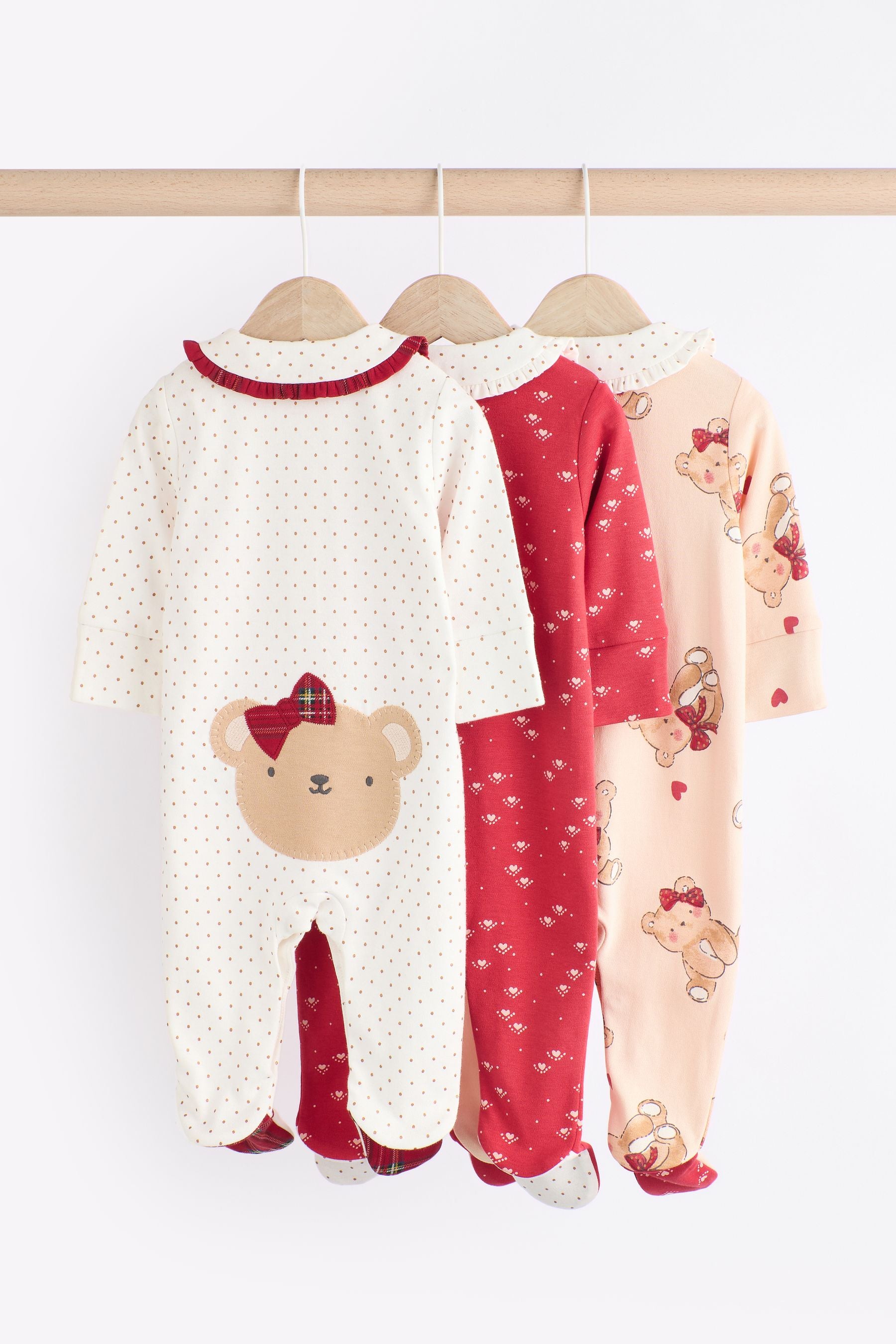 Red/Cream 100% Cotton Baby Sleepsuits 3 Pack (0-2yrs)