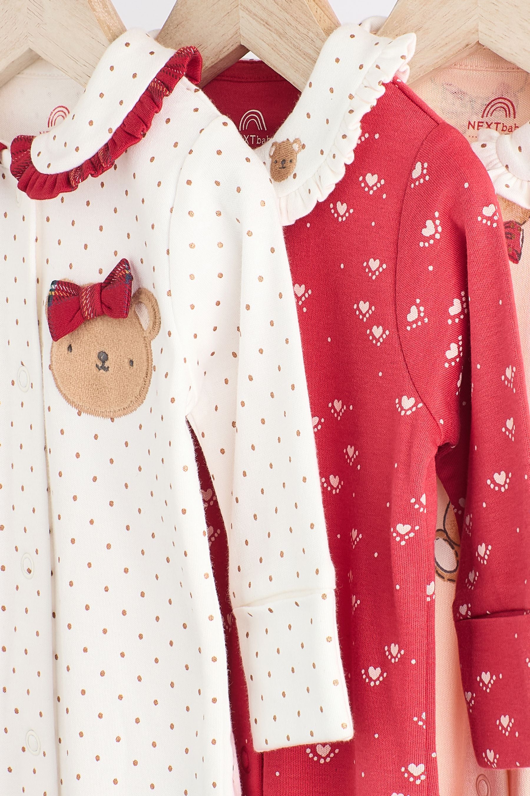 Red/Cream 100% Cotton Baby Sleepsuits 3 Pack (0-2yrs)