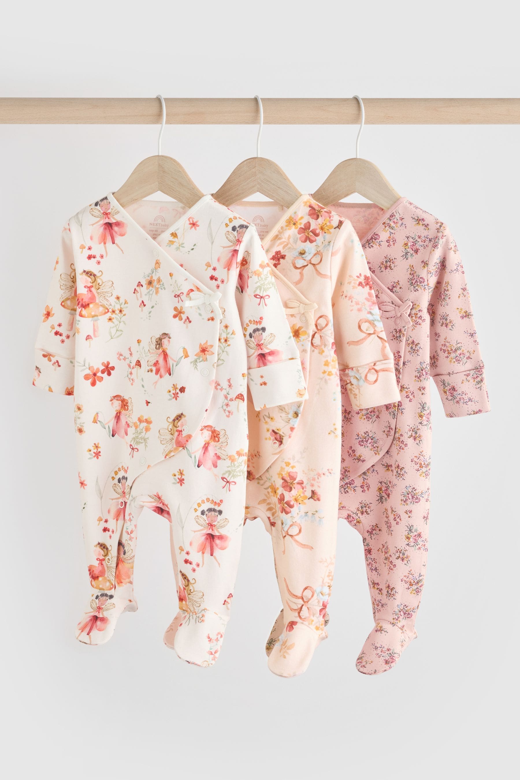 Pink/Cream Baby Wrap 100% Cotton Sleepsuits 3 Pack (0-2yrs)