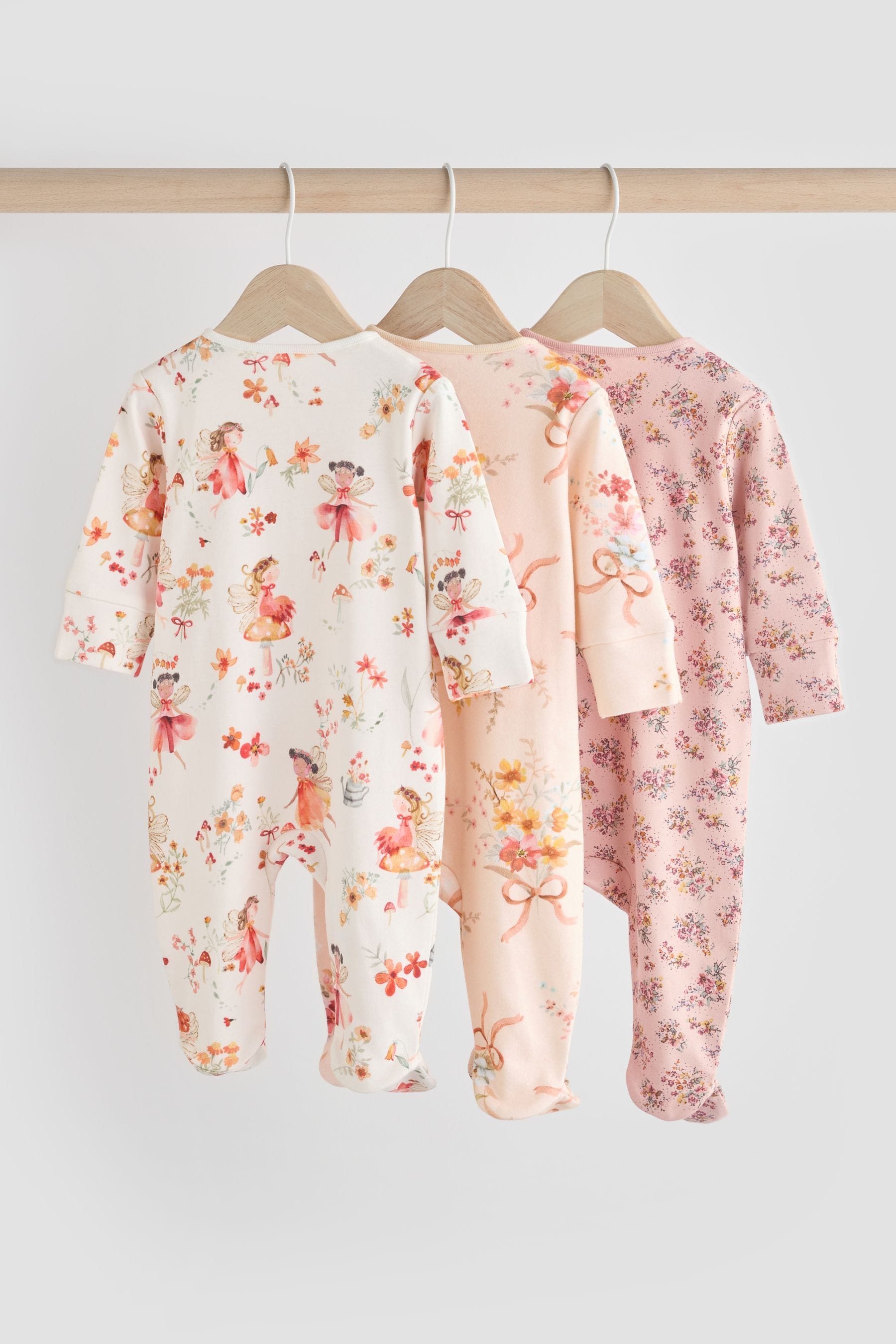 Pink/Cream Baby Wrap 100% Cotton Sleepsuits 3 Pack (0-2yrs)