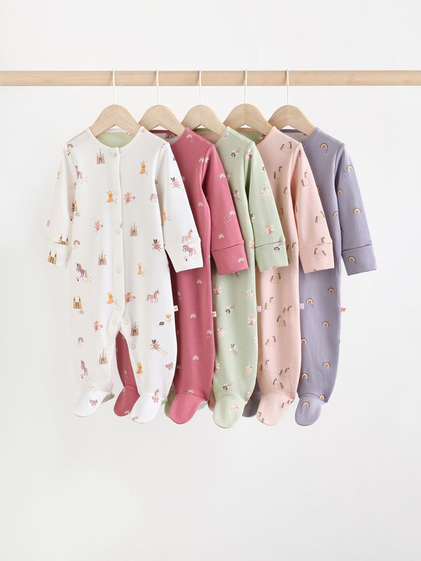 Pastel Character 5 Pack Baby Footed 100% Cotton Sleepsuits 5 Pack (0-2yrs)