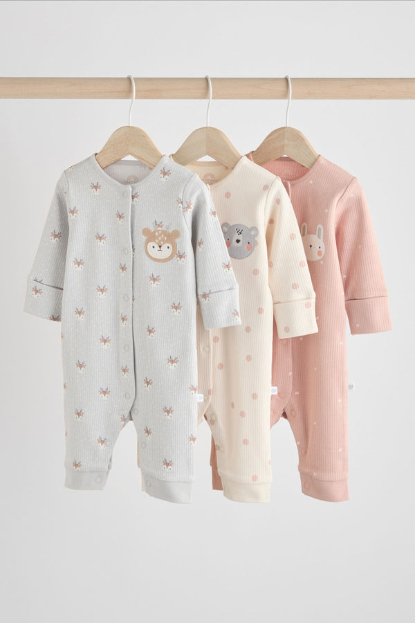 Grey/Pink Baby 100% Cotton Footless Sleepsuits 3 Pack (0mths-3yrs)