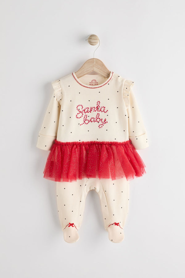 Red/Cream Santa Baby Christmas Tutu 100% Cotton Sleepsuit (0mths-2yrs)