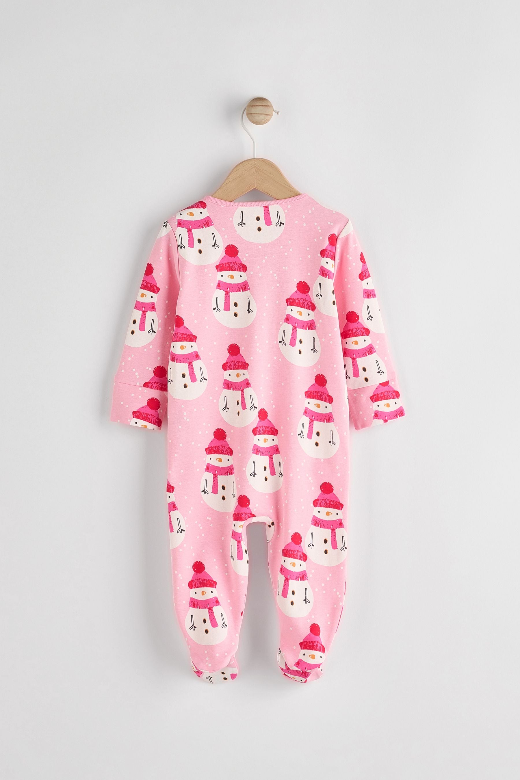 Pink Baby Printed Snowman Christmas 100% Cotton Zip Sleepsuit (0mths-2yrs)