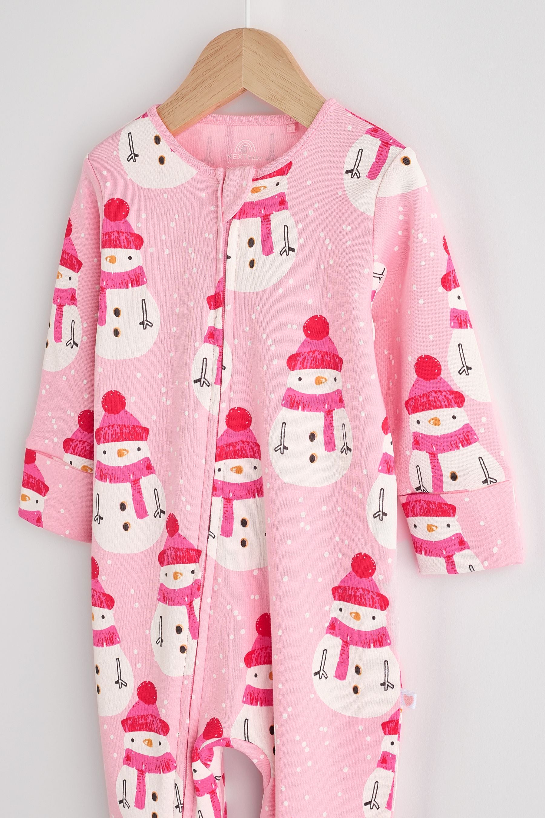 Pink Baby Printed Snowman Christmas 100% Cotton Zip Sleepsuit (0mths-2yrs)