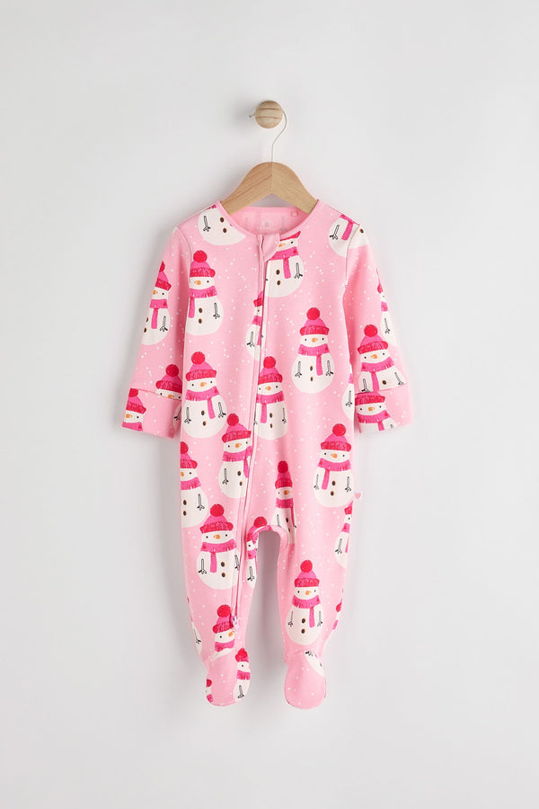 Pink Baby Printed Snowman Christmas 100% Cotton Zip Sleepsuit (0mths-2yrs)