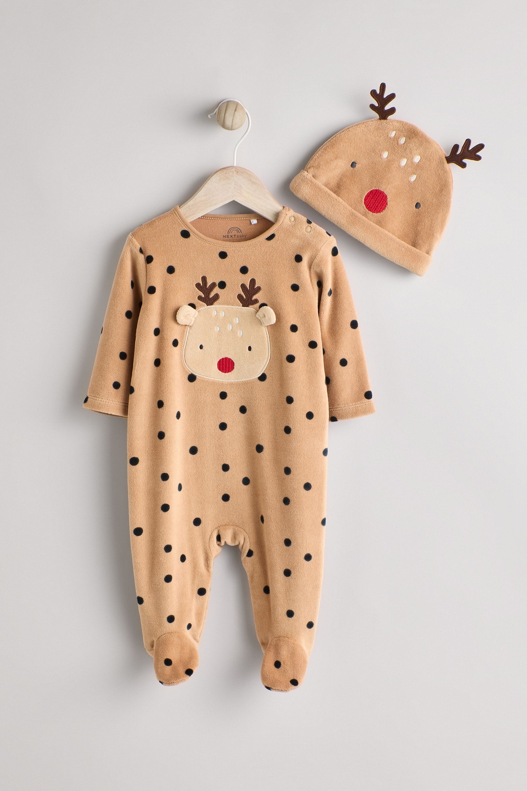 Brown Reindeer Baby Christmas Sleepsuit & Hat Set (0mths-2yrs)