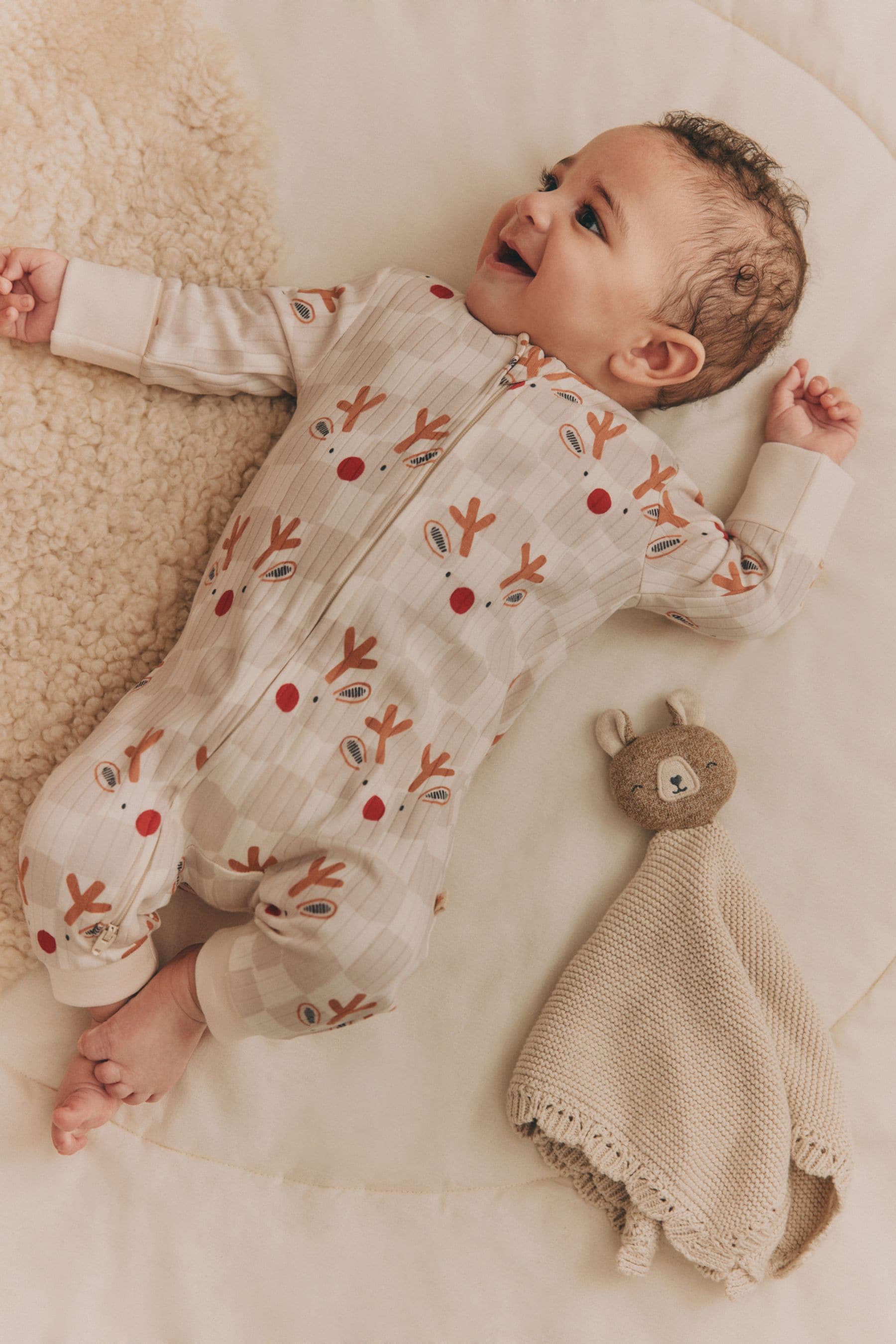 Neutral Baby Reindeer Christmas 100% Cotton Sleepsuit (0mths-3yrs)