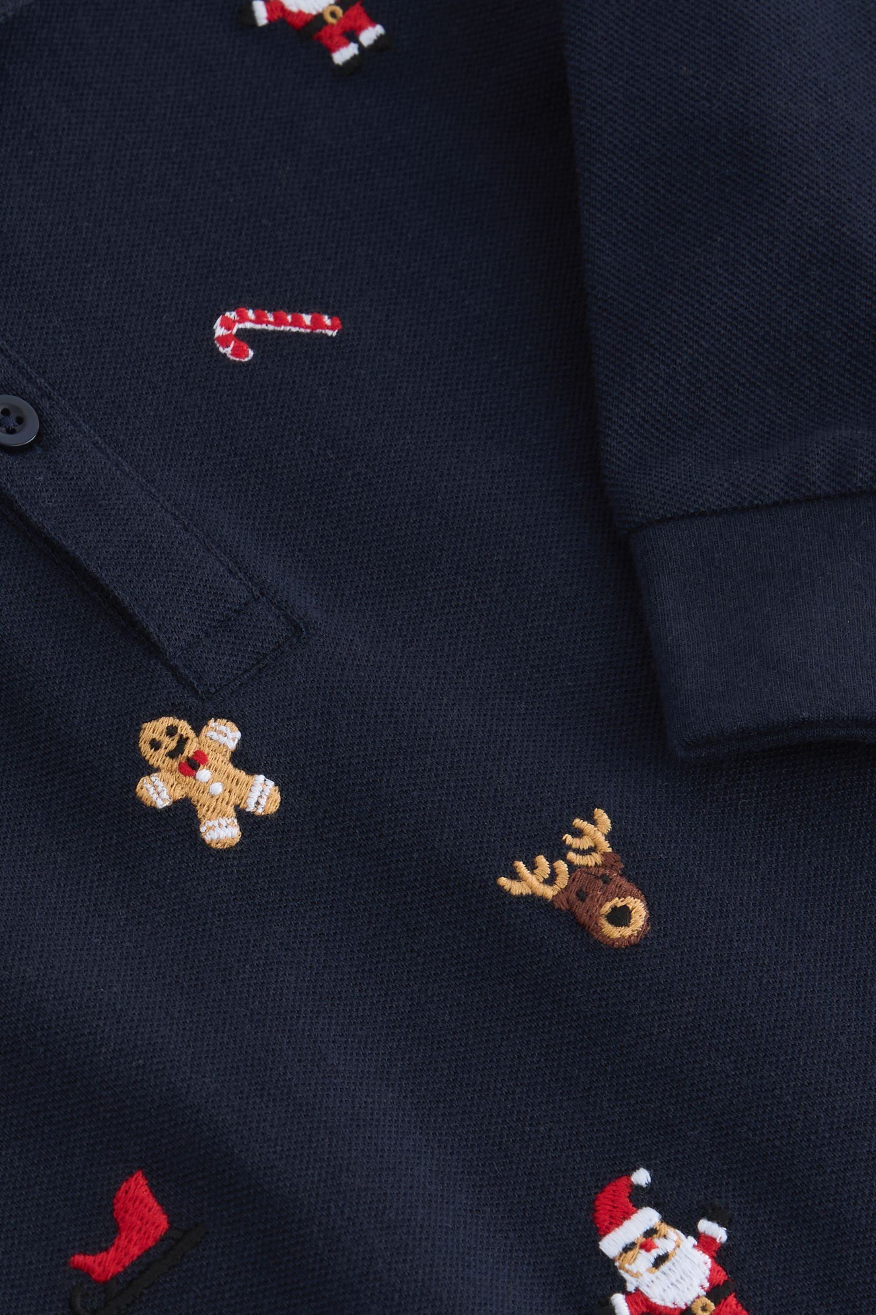 Navy Blue Christmas Long Sleeve 100% Cotton All-Over Embroidered Polo Shirt (3mths-7yrs)