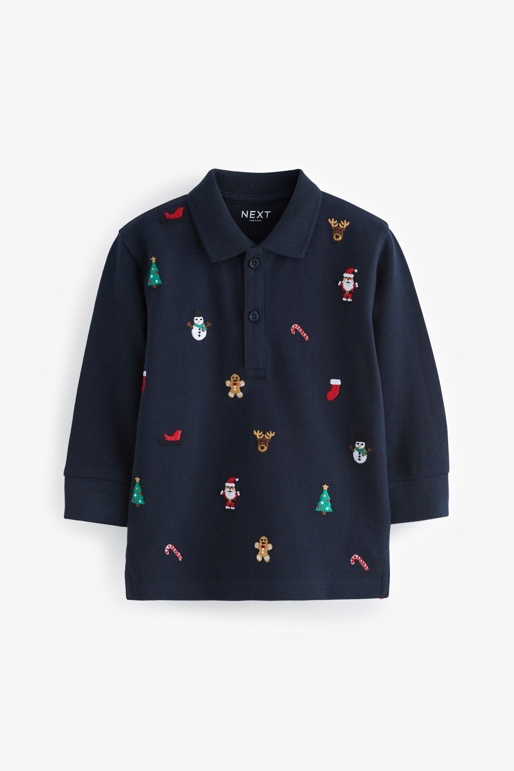 Navy Blue Christmas Long Sleeve 100% Cotton All-Over Embroidered Polo Shirt (3mths-7yrs)