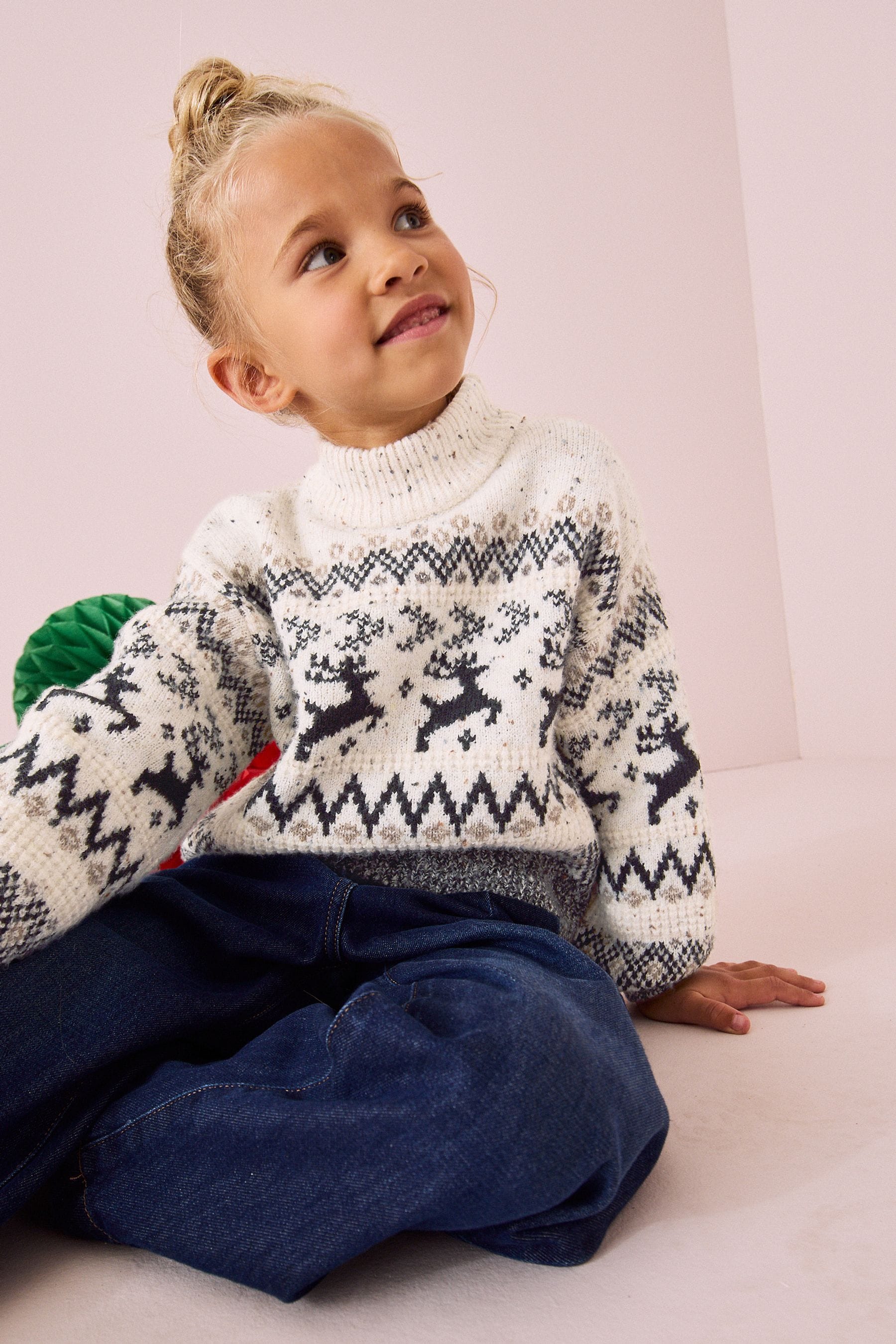 Black/White Matching Family Girls Christmas Fairisle Stag Jumper (3-16yrs)