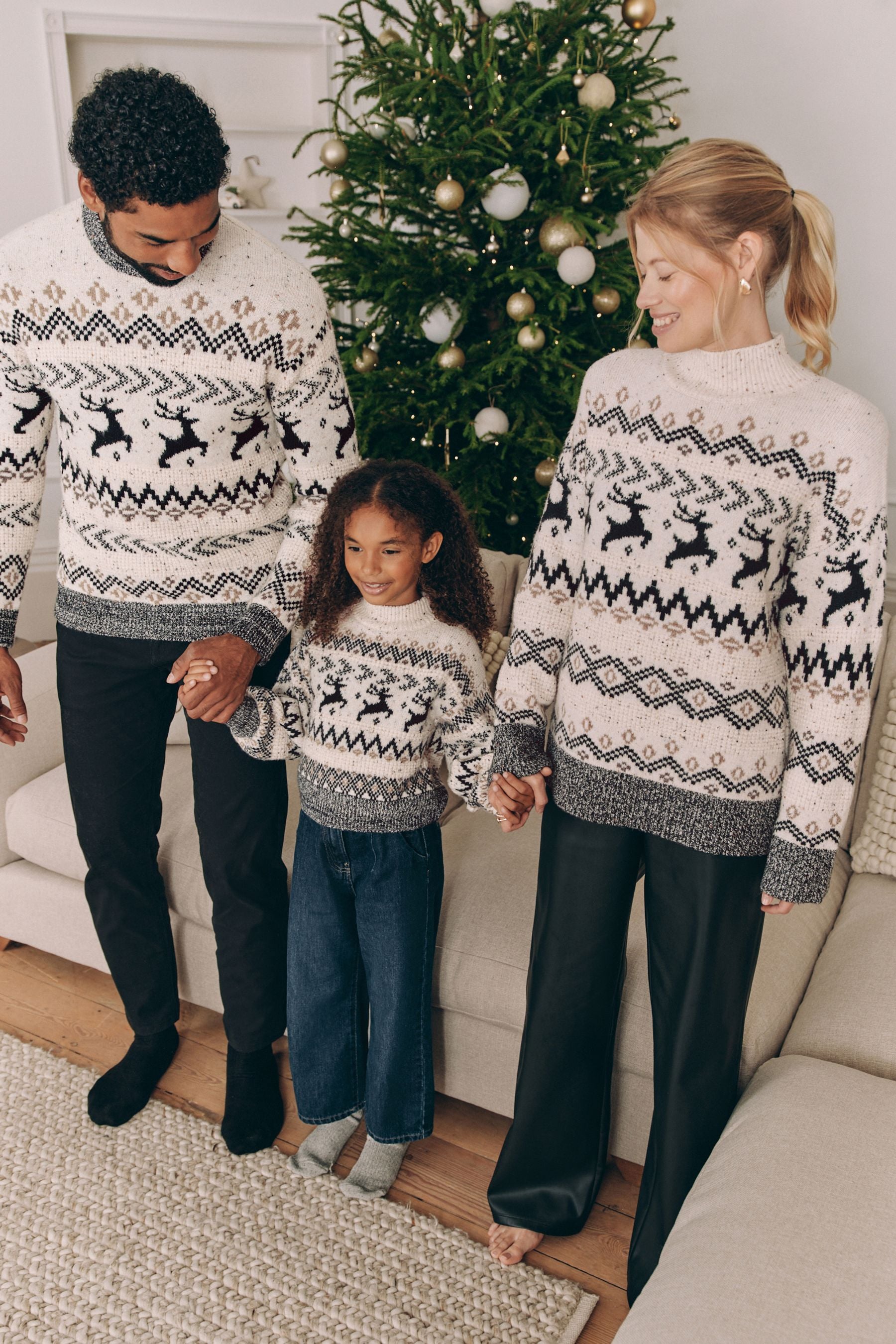 Black/White Matching Family Girls Christmas Fairisle Pattern Stag Jumper (3-16yrs)