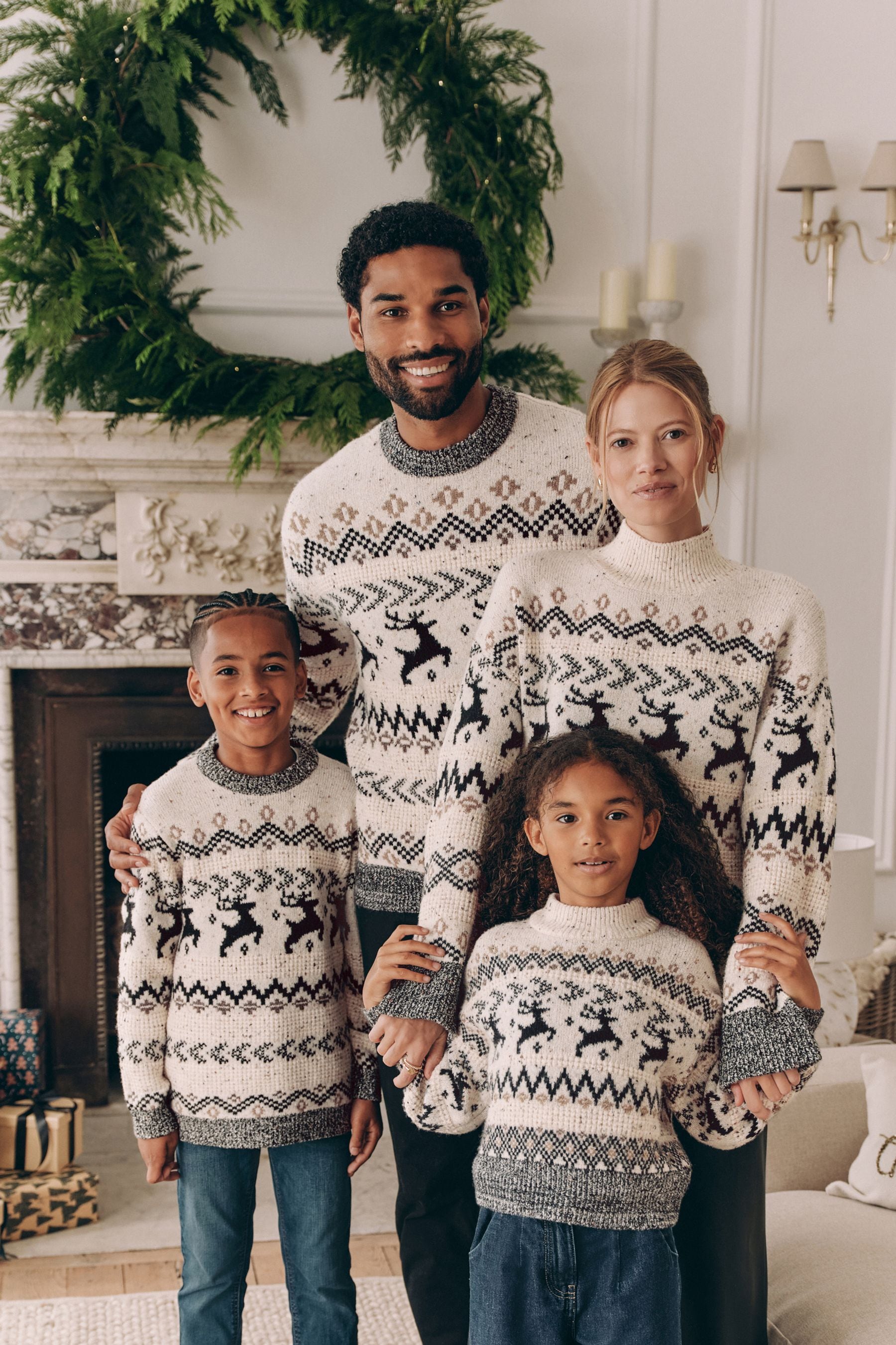 Black/White Matching Family Girls Christmas Fairisle Pattern Stag Jumper (3-16yrs)