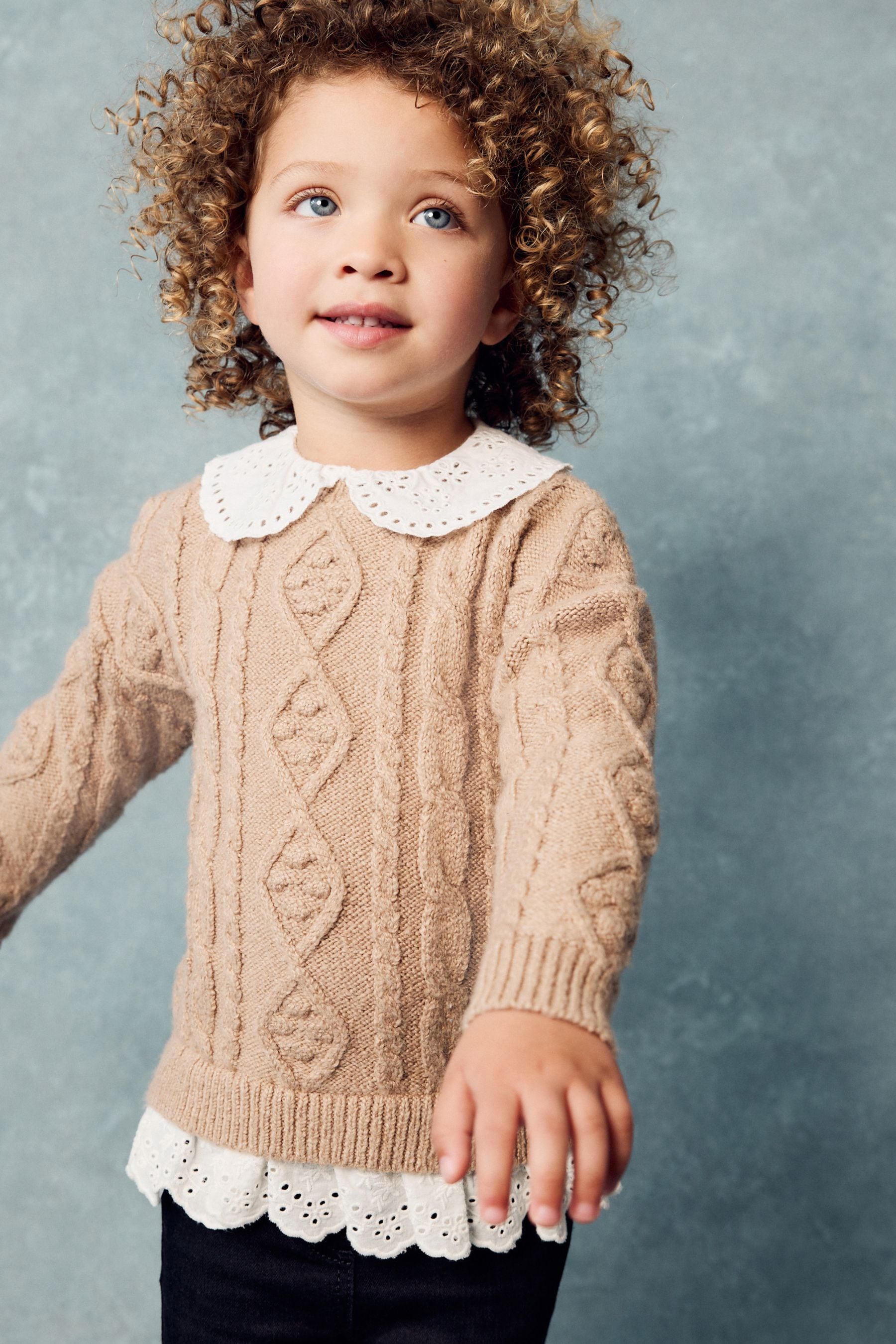 Tan Brown Collar Cable Jumper (3mths-7yrs)