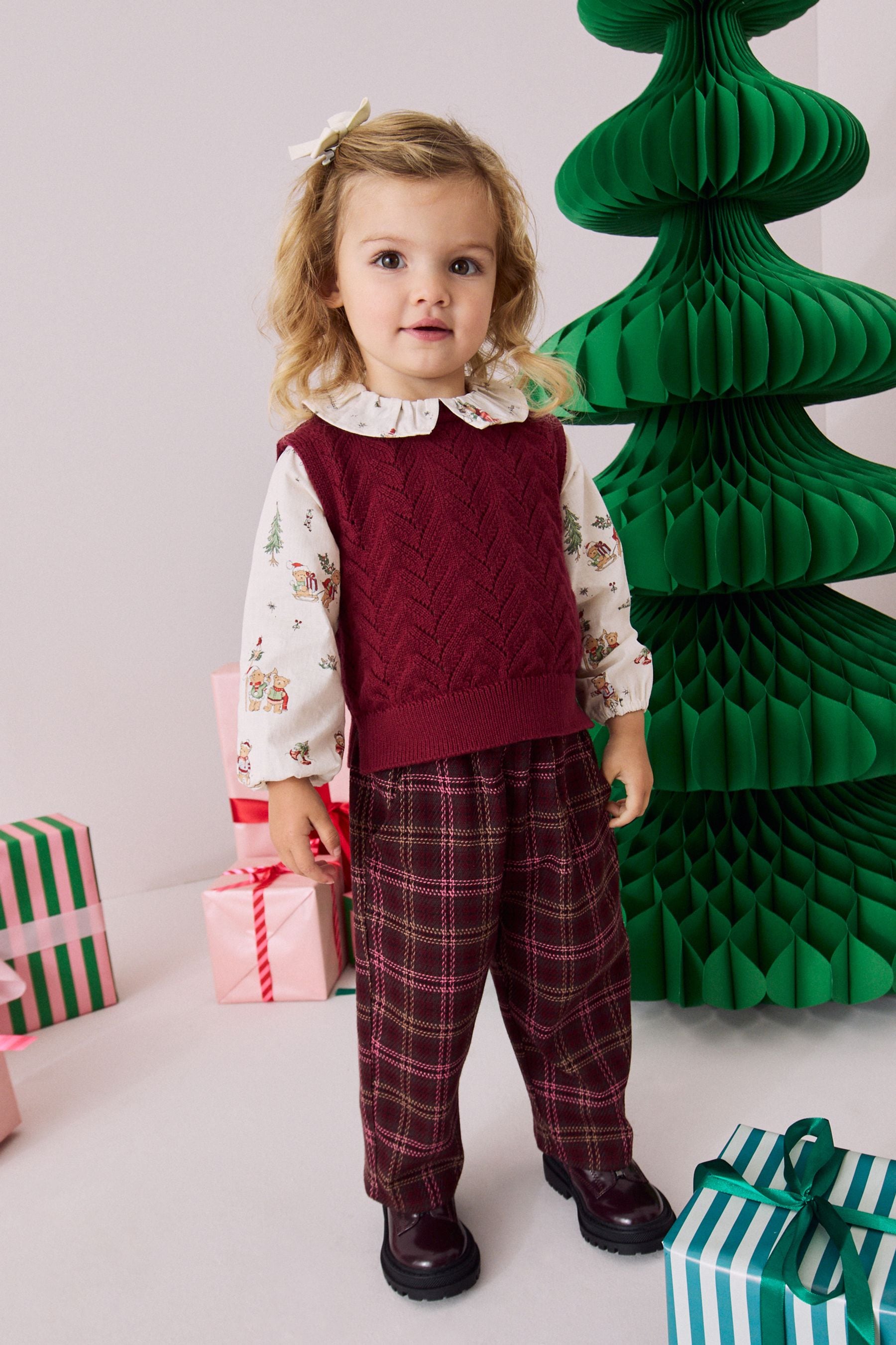 Burgundy Christmas Print Woven Sleeve 100% Cotton Jumper (3mths-7yrs)