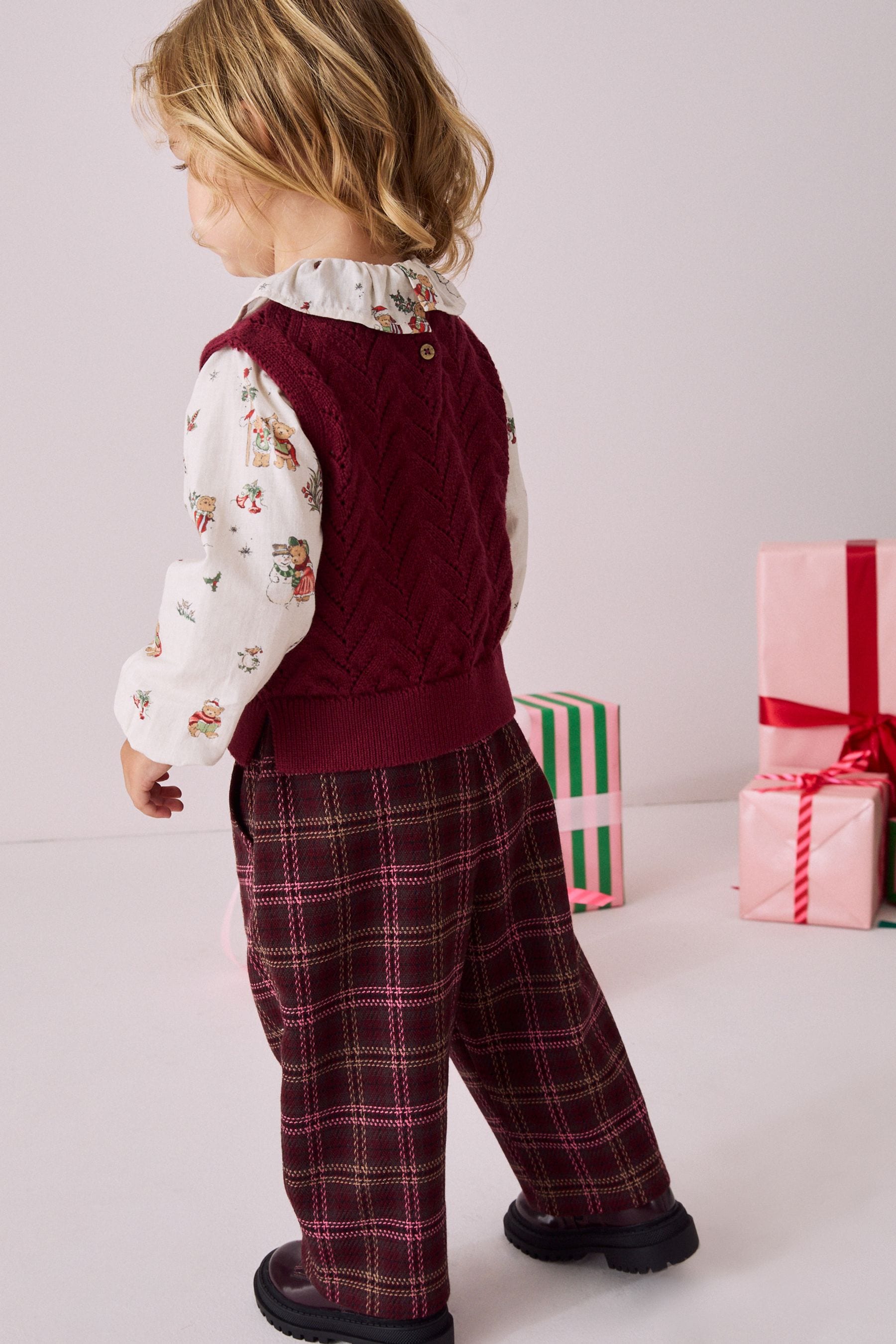 Burgundy Christmas Print Woven Sleeve 100% Cotton Jumper (3mths-7yrs)