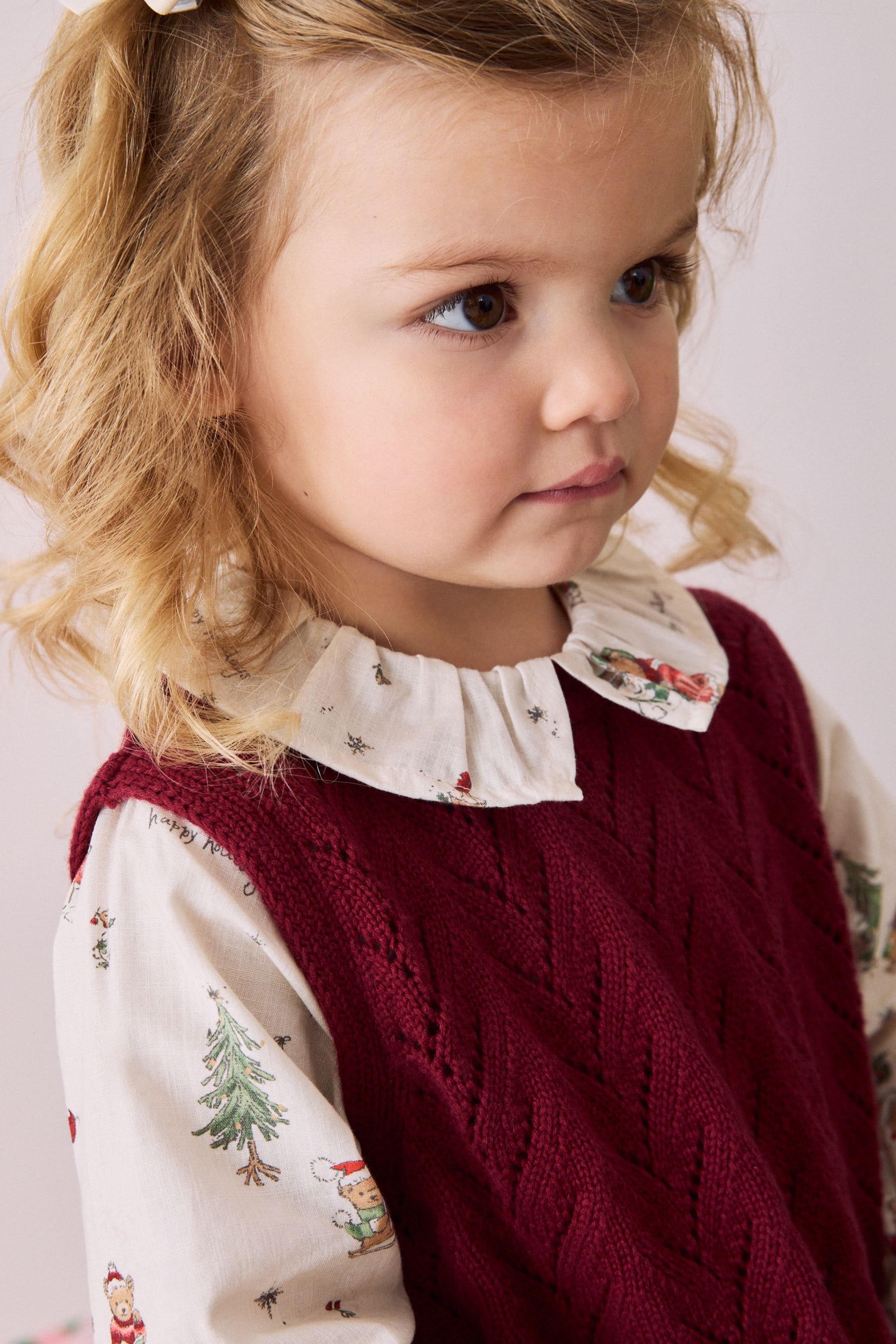 Red Christmas Print Woven Sleeve 100% Cotton Jumper (3mths-7yrs)