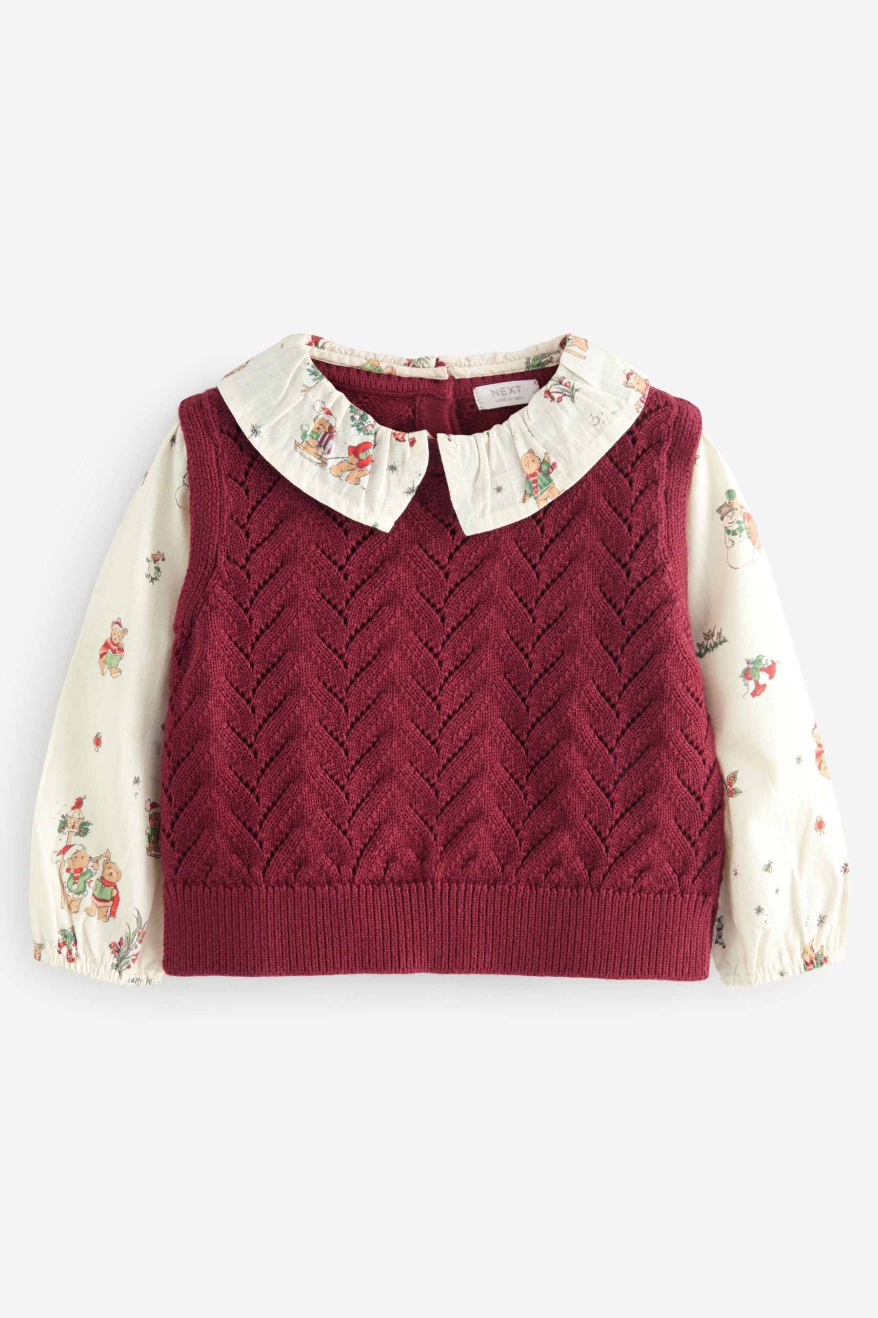 Burgundy Christmas Print Woven Sleeve 100% Cotton Jumper (3mths-7yrs)