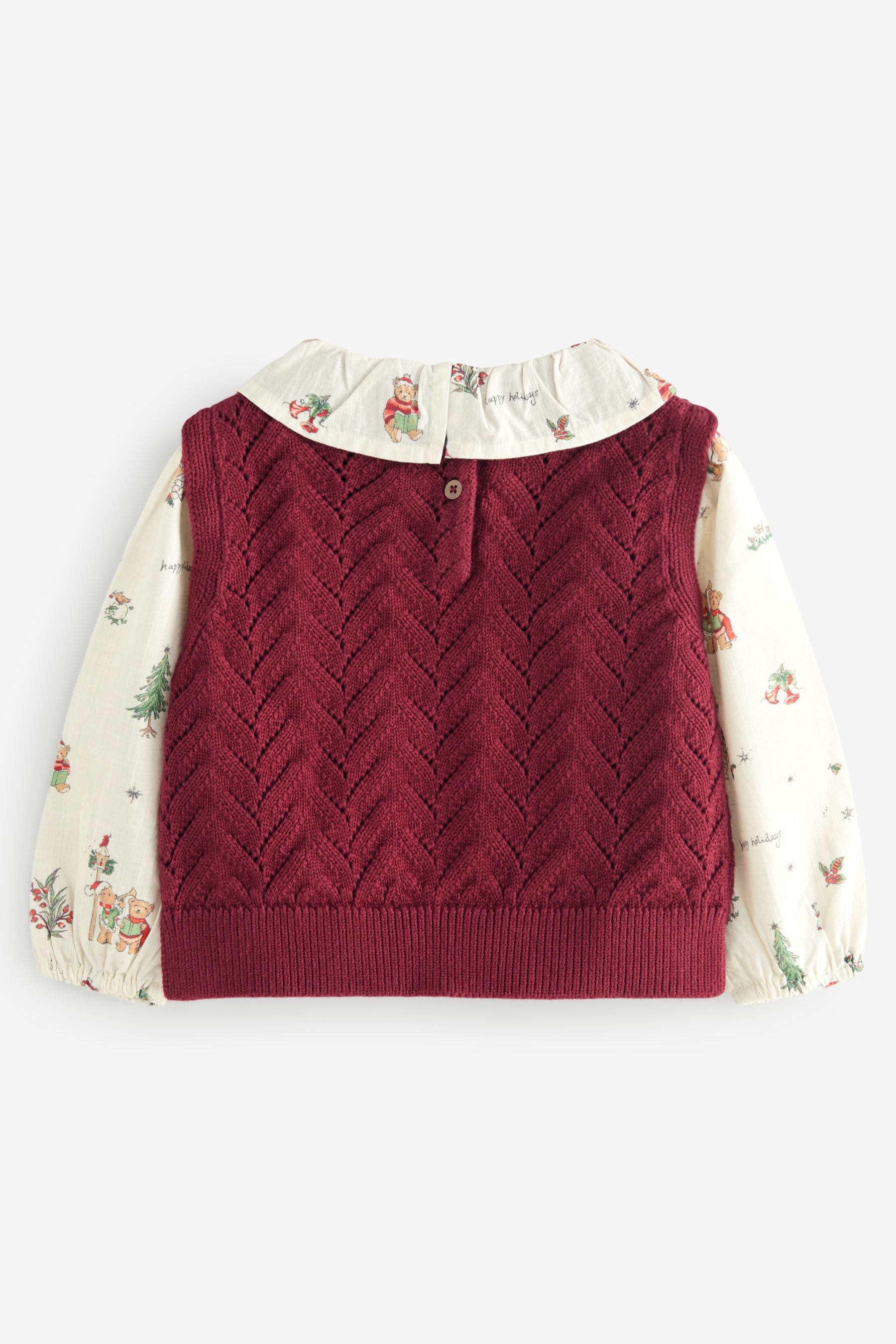 Burgundy Christmas Print Woven Sleeve 100% Cotton Jumper (3mths-7yrs)