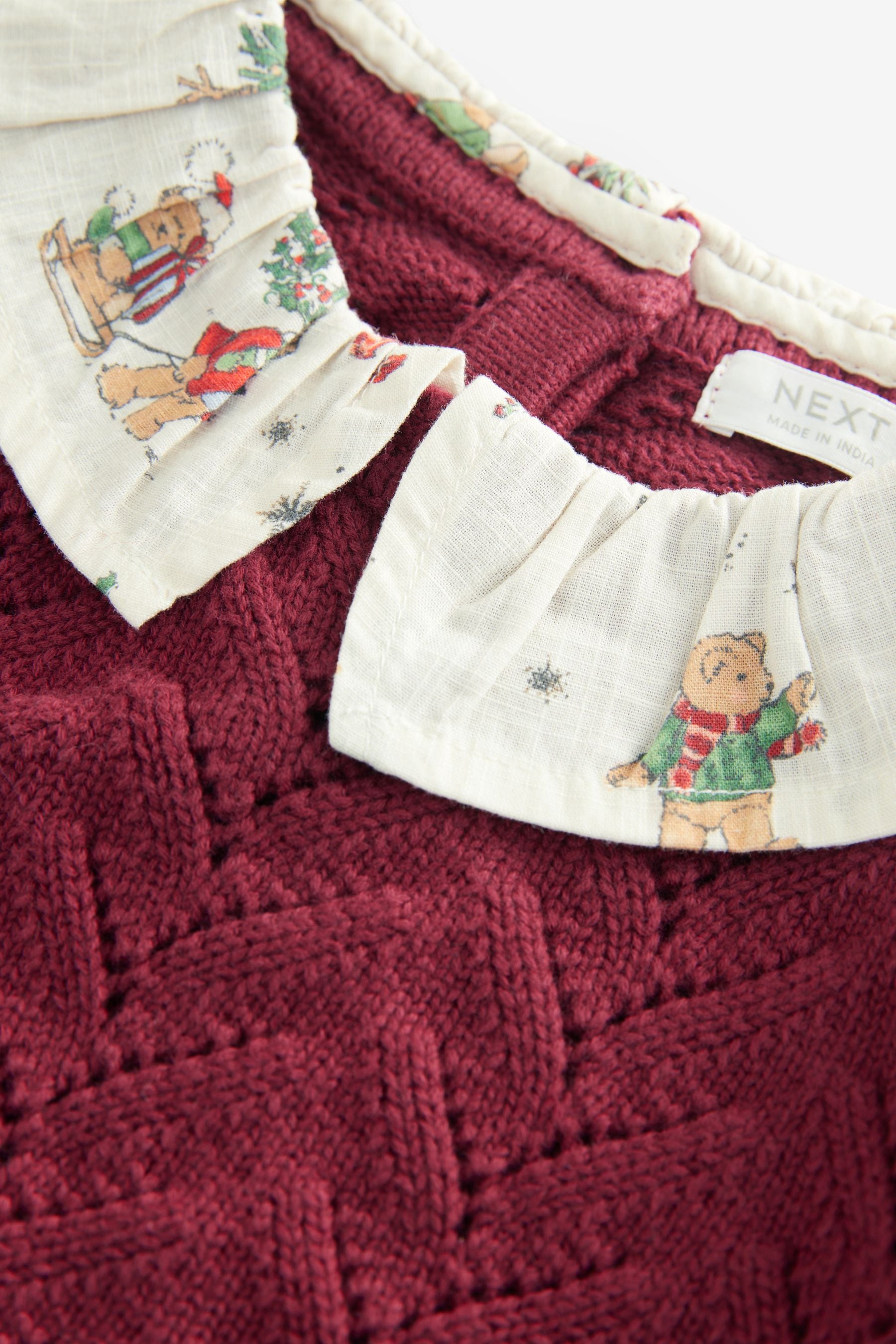 Burgundy Christmas Print Woven Sleeve 100% Cotton Jumper (3mths-7yrs)