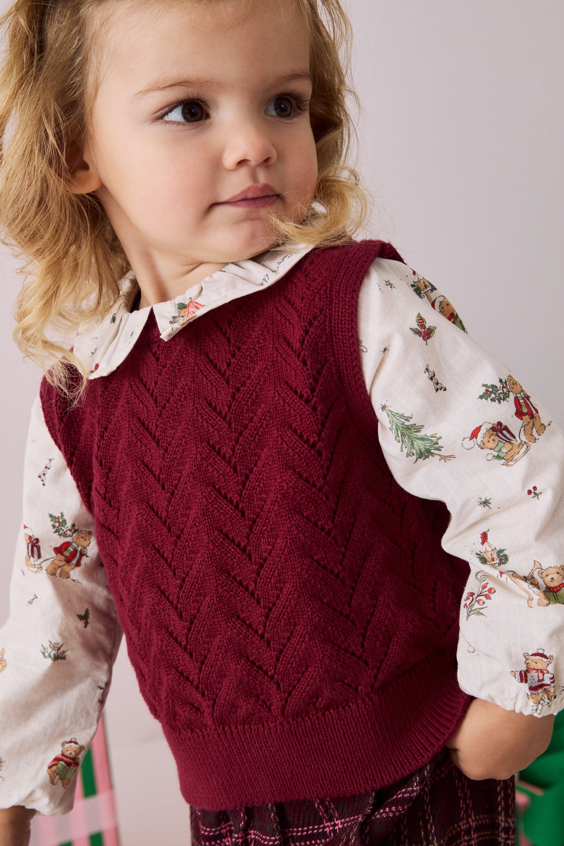 Burgundy Christmas Print Woven Sleeve 100% Cotton Jumper (3mths-7yrs)