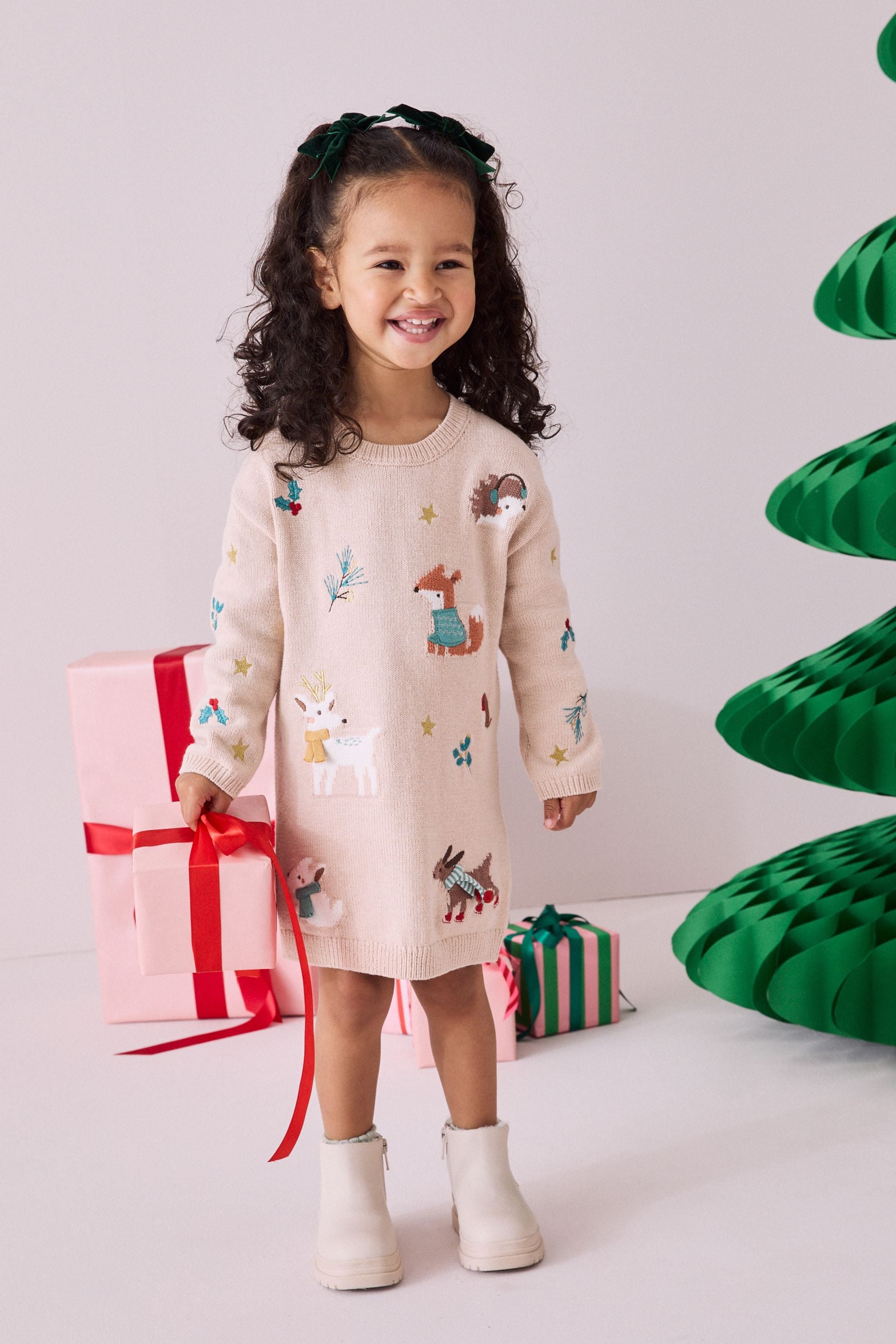 Ecru Marl Christmas Character Jumper Dress (3mths-7yrs)