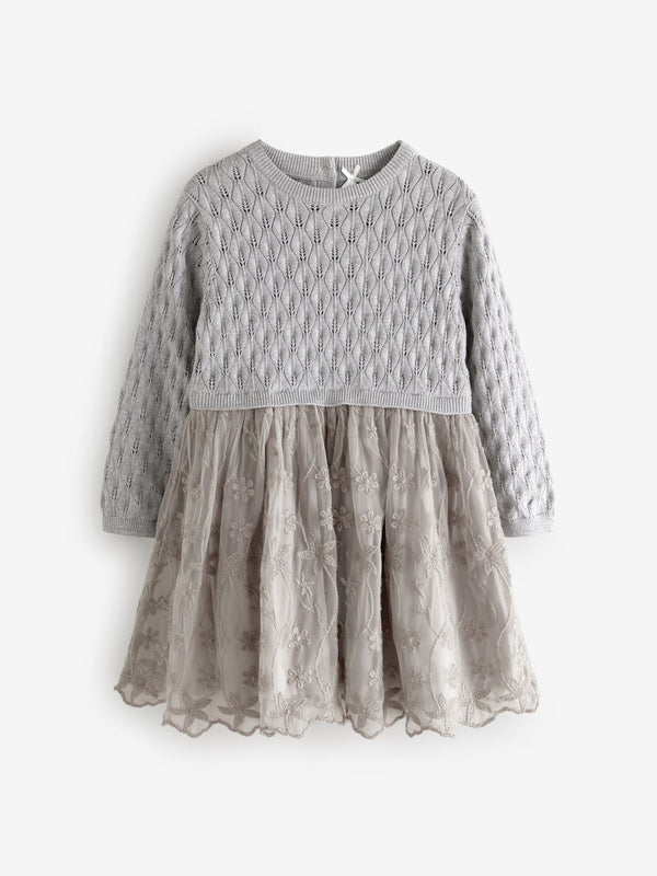 Silver 2-in-1 Occasion Long Sleeve Knitted Jumper Dress (3mths-10yrs)