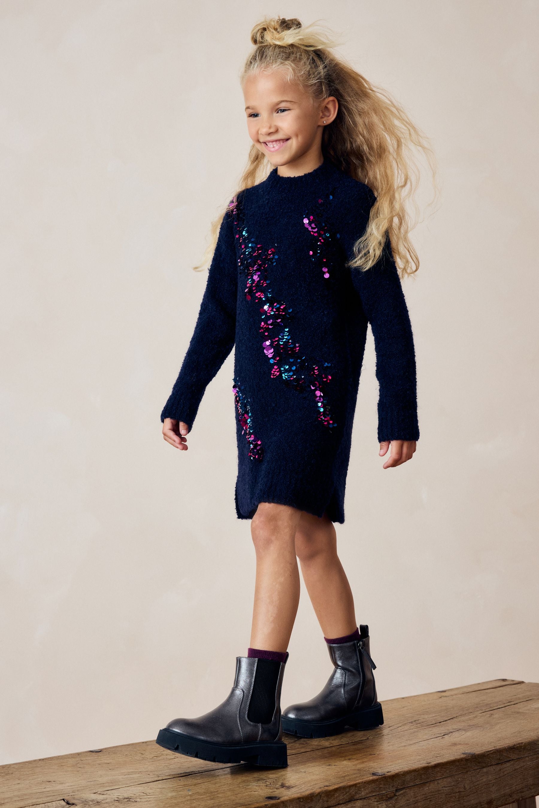 Navy Sequin Jumper Dress (3-16yrs)