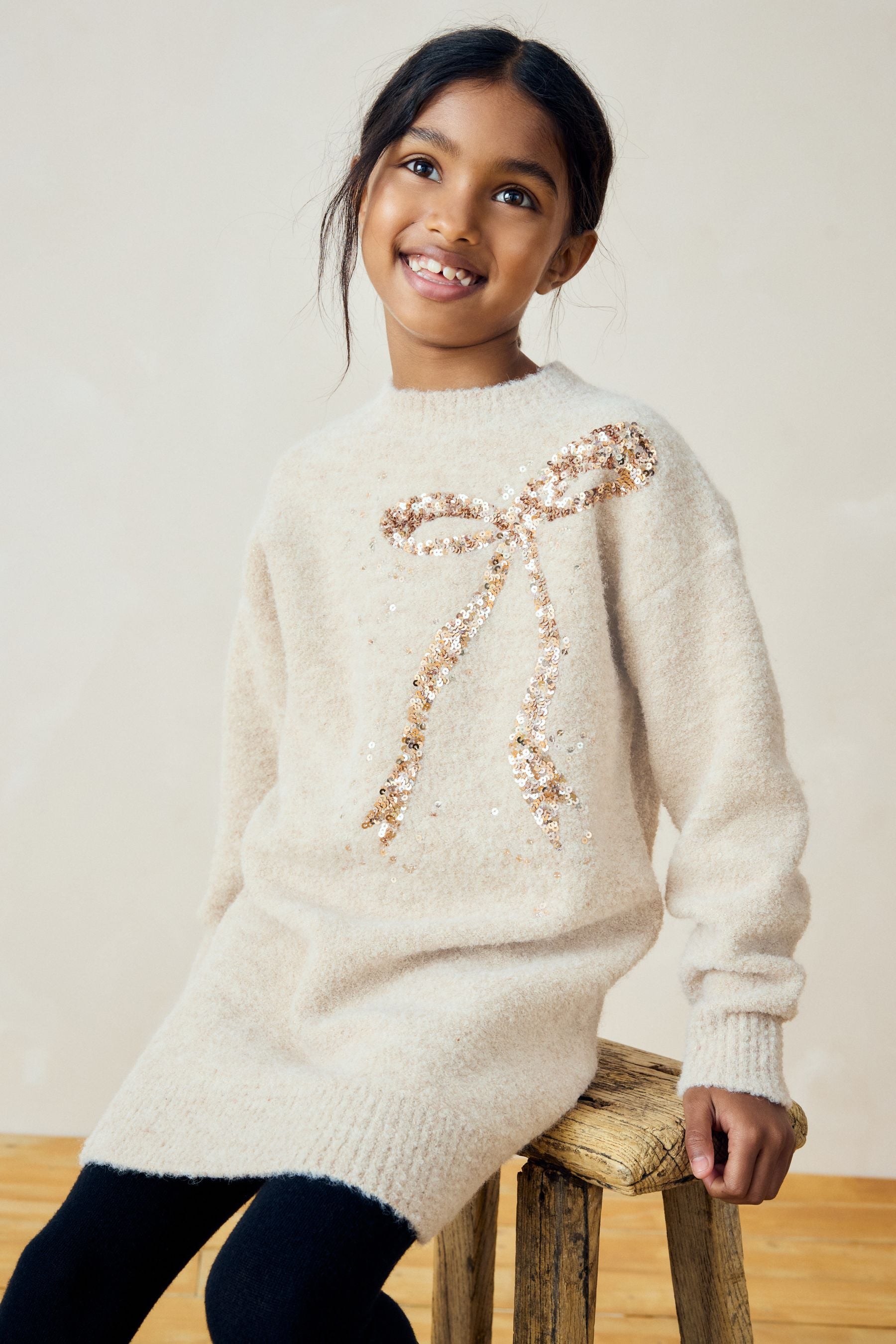 Ecru Bow Sequin Jumper Dress (3-16yrs)