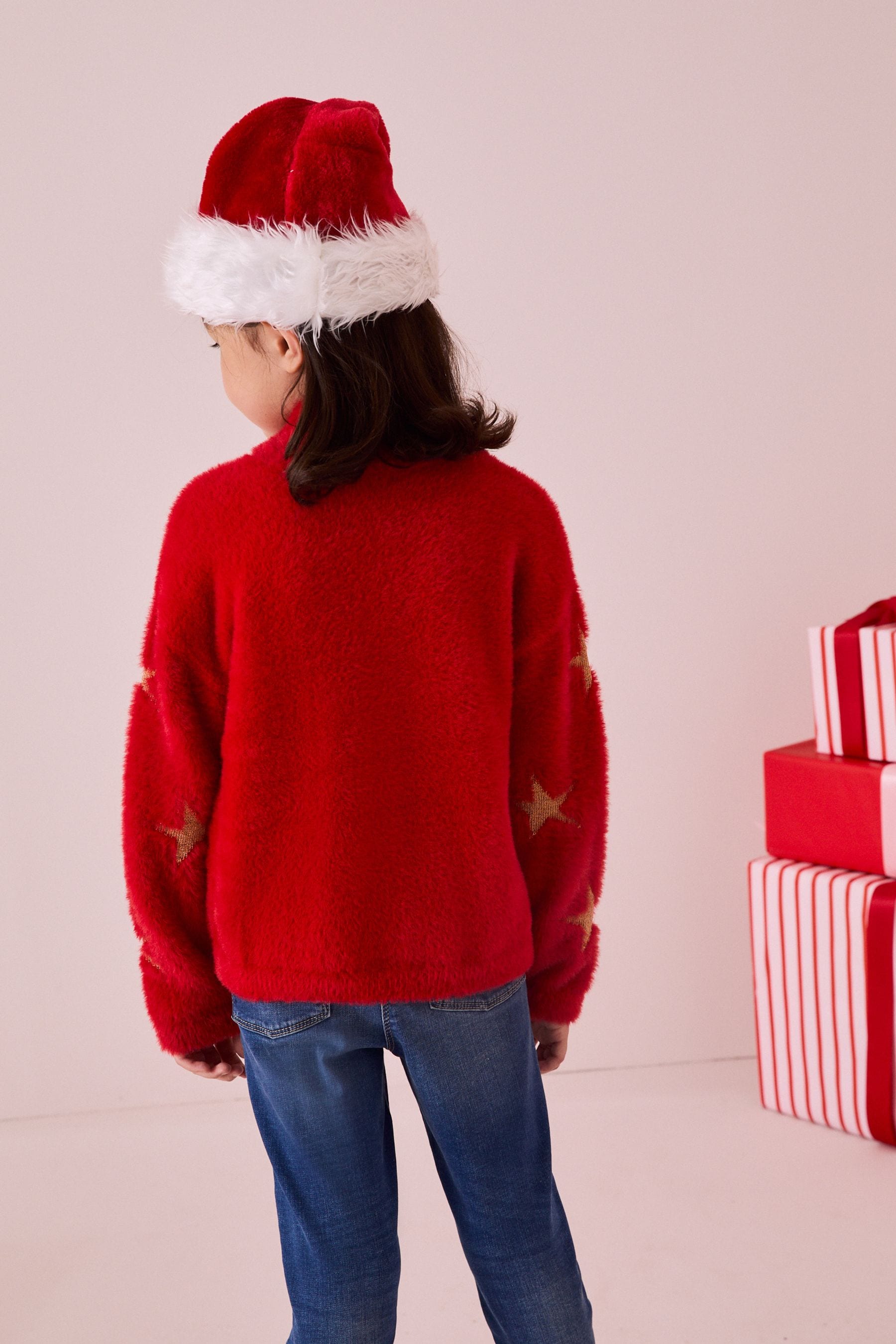 Red Fluffy Reindeer Jumper (3-16yrs)