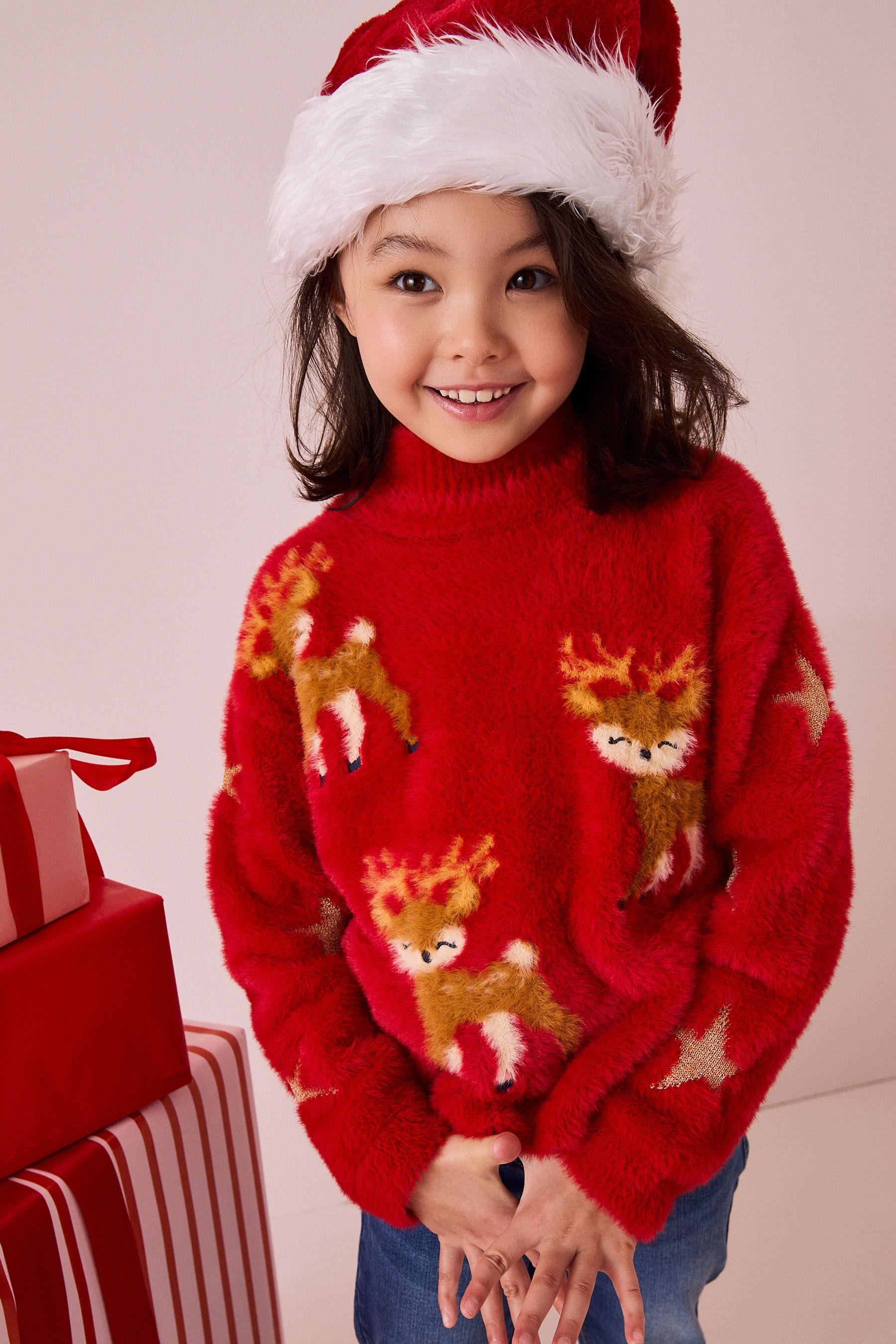 Red Fluffy Reindeer Jumper (3-16yrs)