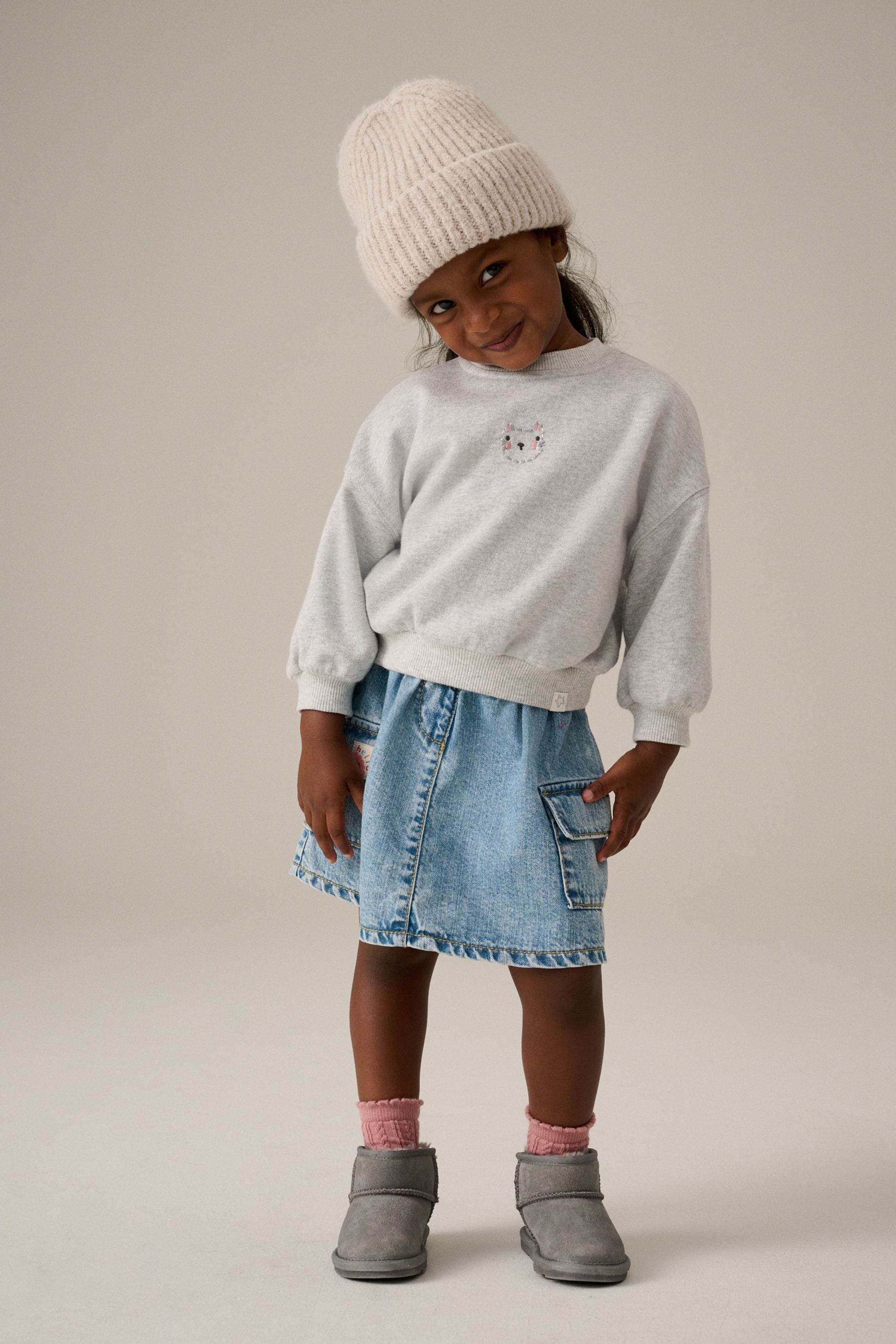 Grey 100% Cotton Sweatshirt and Denim Skirt Set (3mths-7yrs)