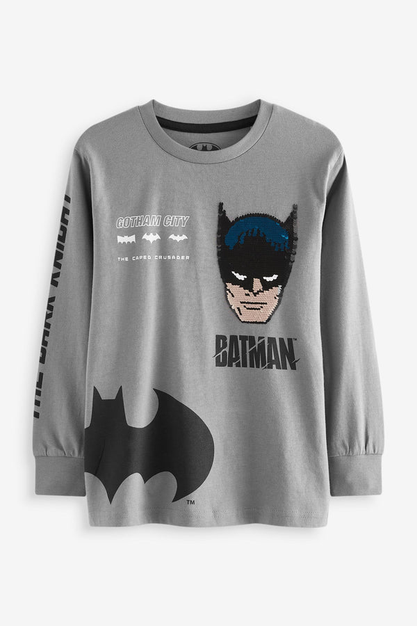 Charcoal Grey Batman Licensed Flippy Sequin Long Sleeve 100% Cotton T-Shirt (3-14yrs)