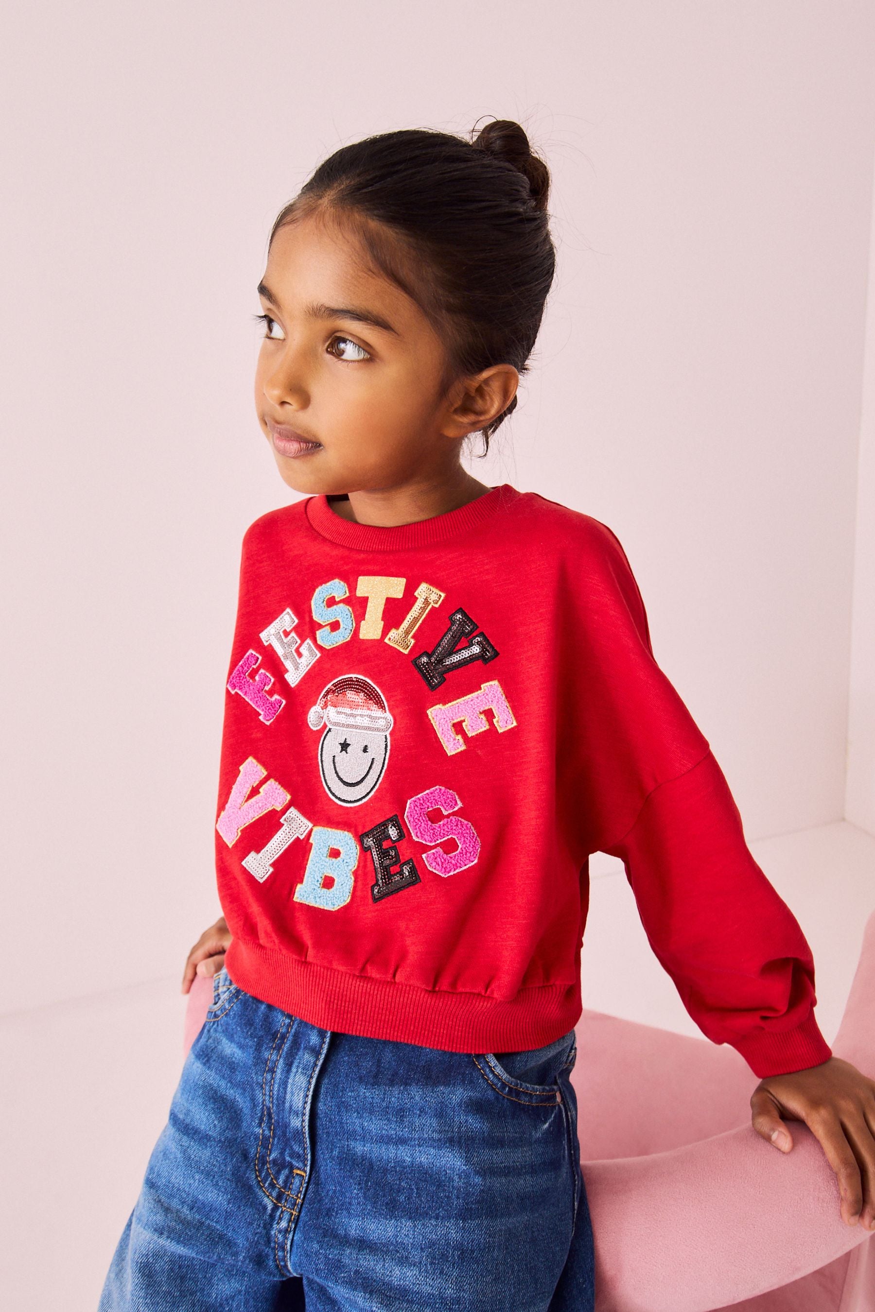 Red Sequin Reindeer Long Sleeve 100% Cotton T-Shirt (3-16yrs)