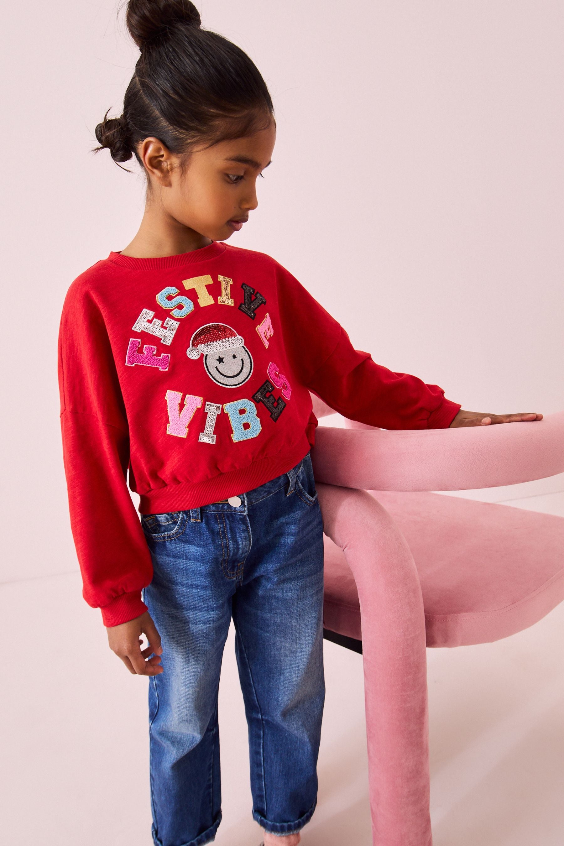 Red Sequin Reindeer Long Sleeve 100% Cotton T-Shirt (3-16yrs)