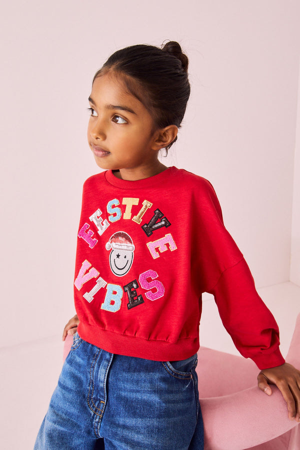 Red Sequin Christmas Long Sleeve 100% Cotton T-Shirt (3-16yrs)