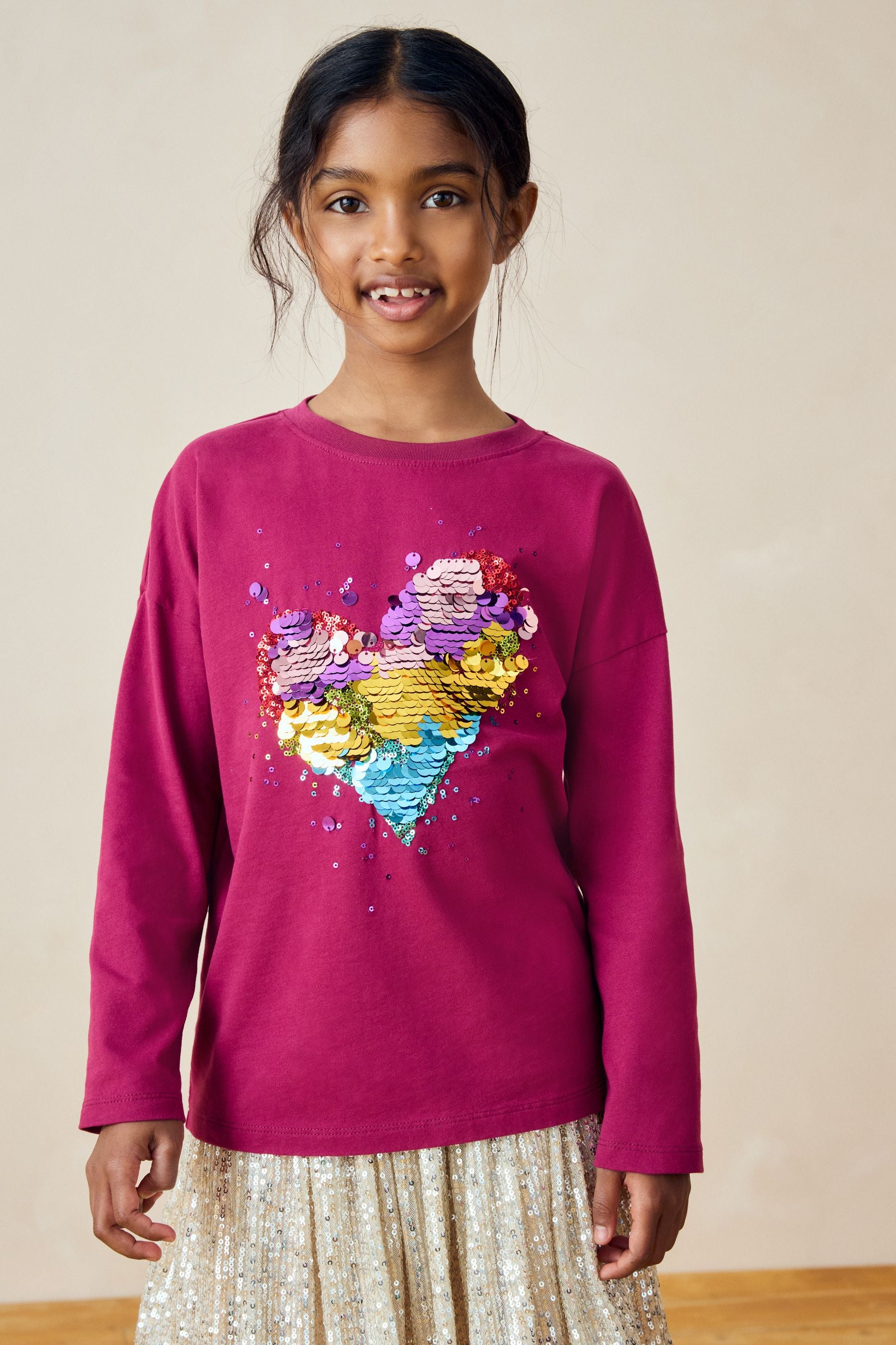 Plum Purple 100% Cotton Sequin Heart Long Sleeve T-Shirt (3-16yrs)