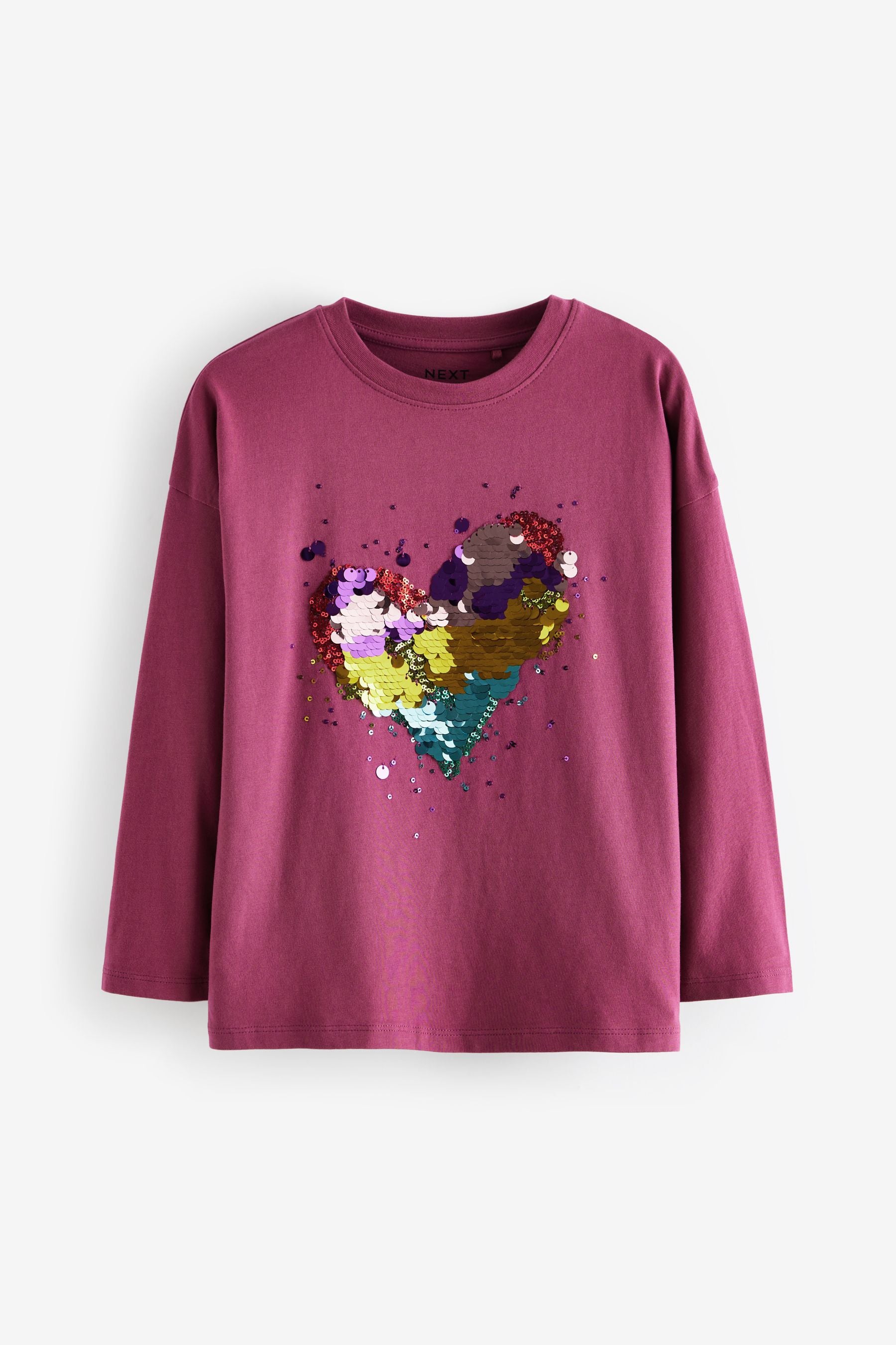 Plum Purple 100% Cotton Sequin Heart Long Sleeve T-Shirt (3-16yrs)